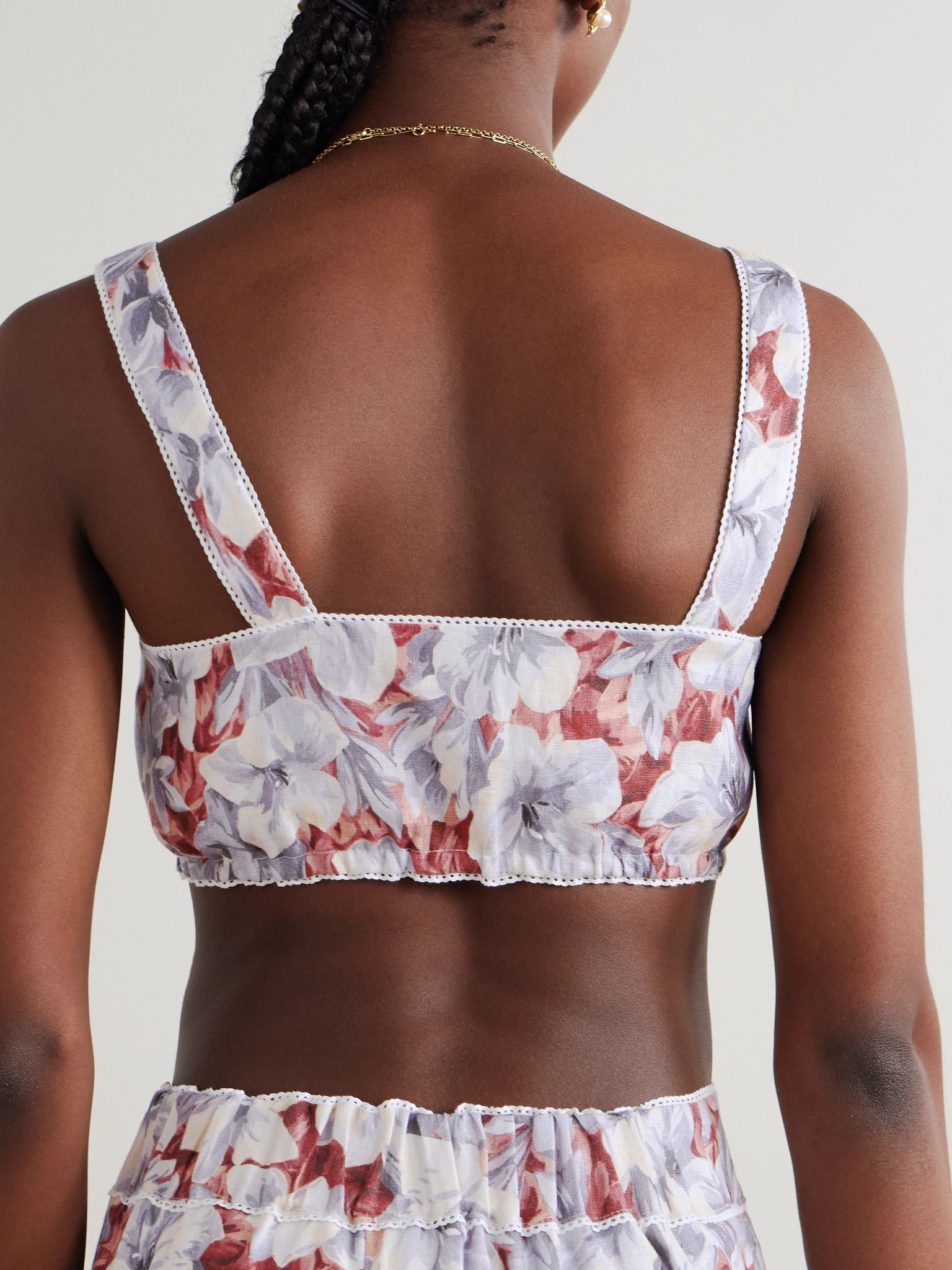 Luna cropped lace-trimmed floral-print linen top Multi - 3