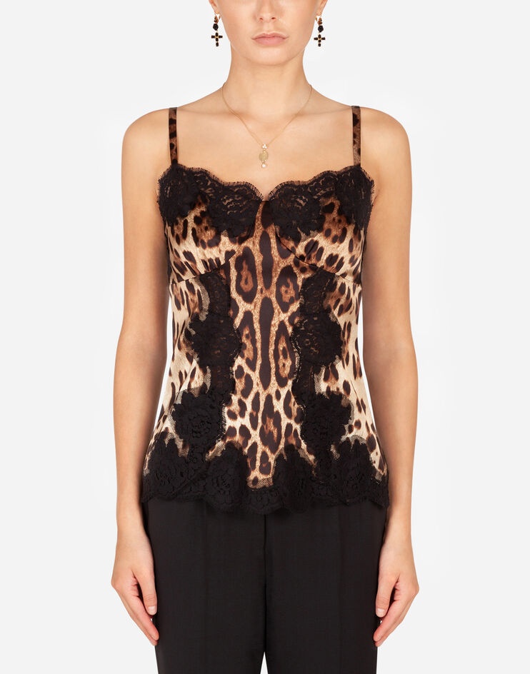 Satin top in leopard print with shoulder straps and lace detail - 1