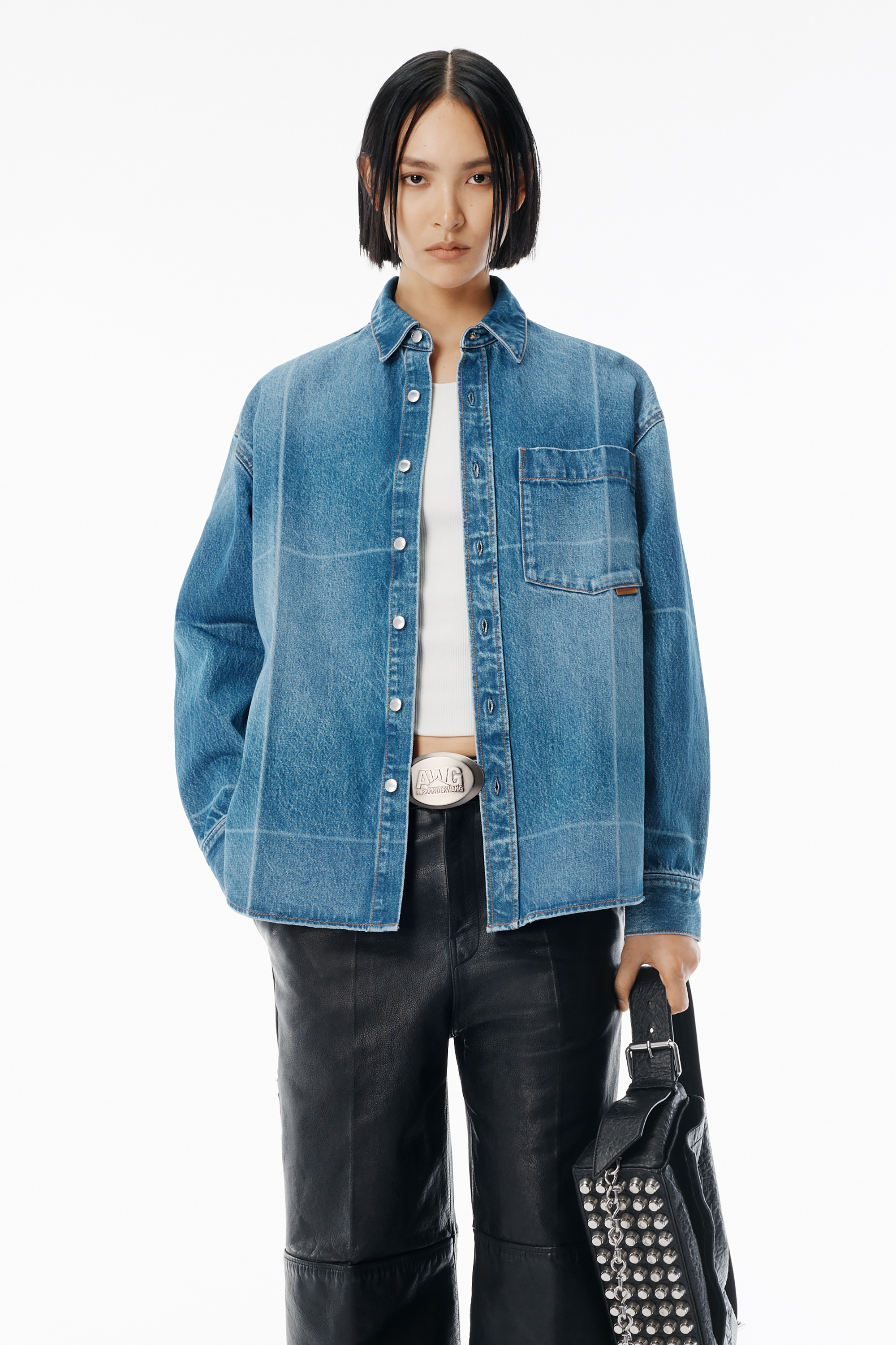 Vintage-Effect Marbled Blue Denim Foldline Shirt - 2