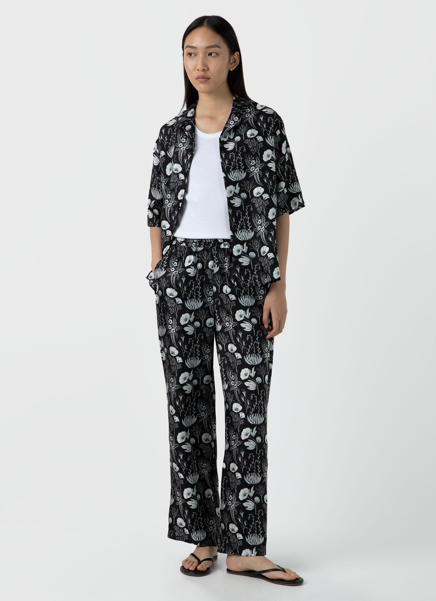 Silk Leaf Print Drawstring Trouser - 1