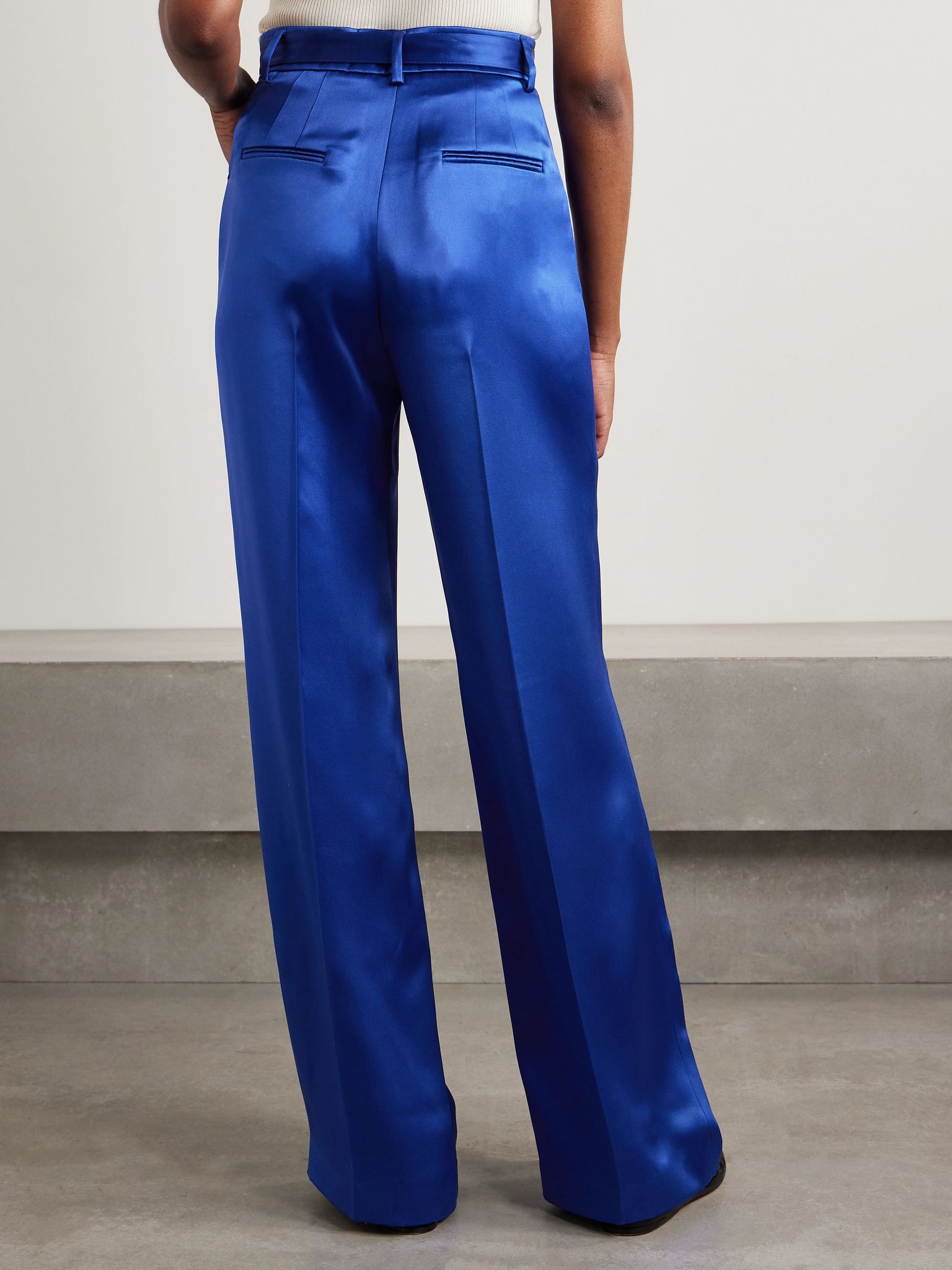 Norman belted silk-satin straight-leg pants Cobalt blue - 4