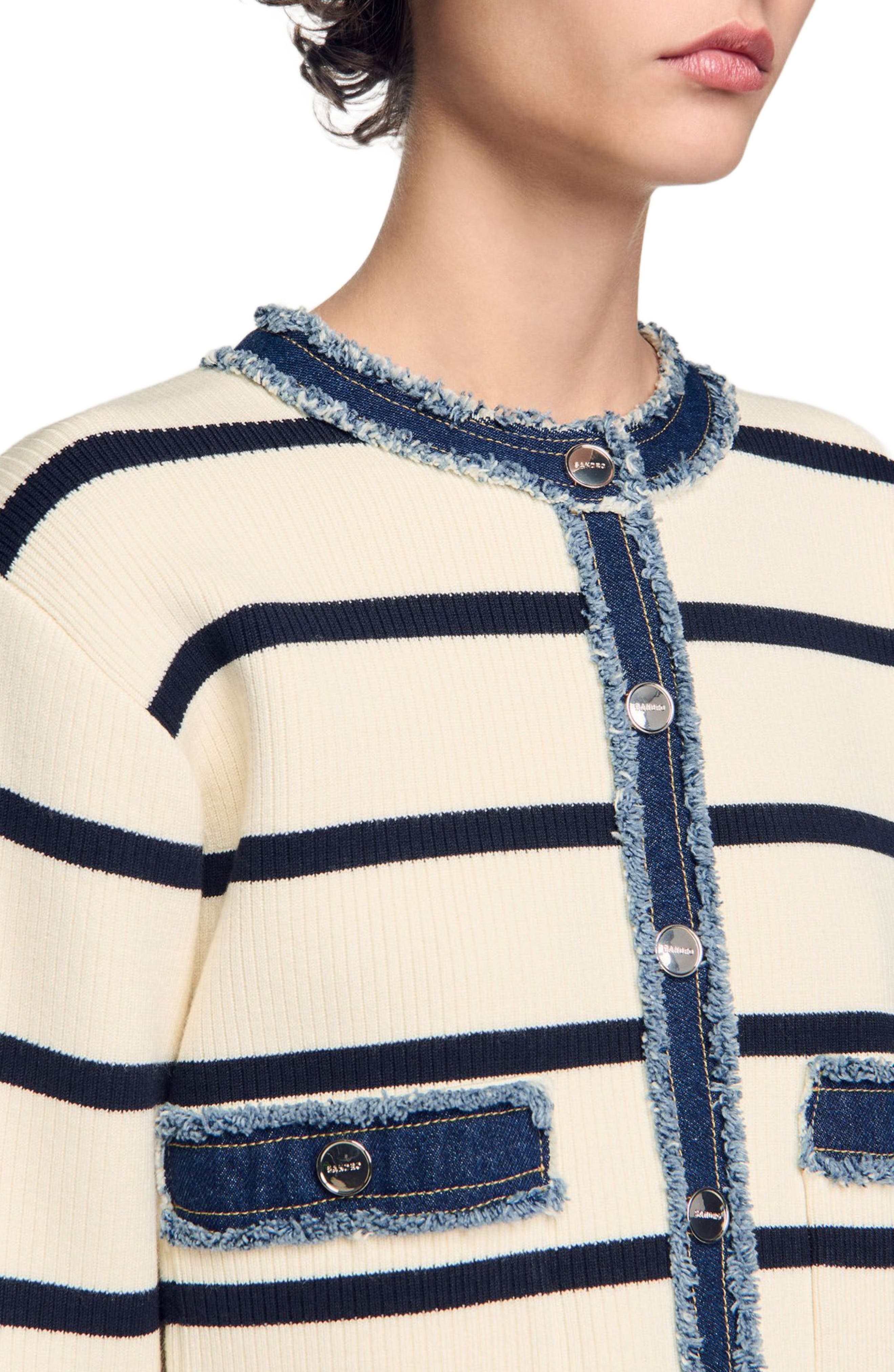 SANDRO Stripy cardigan with denim details in Ecru at Nordstrom - 4