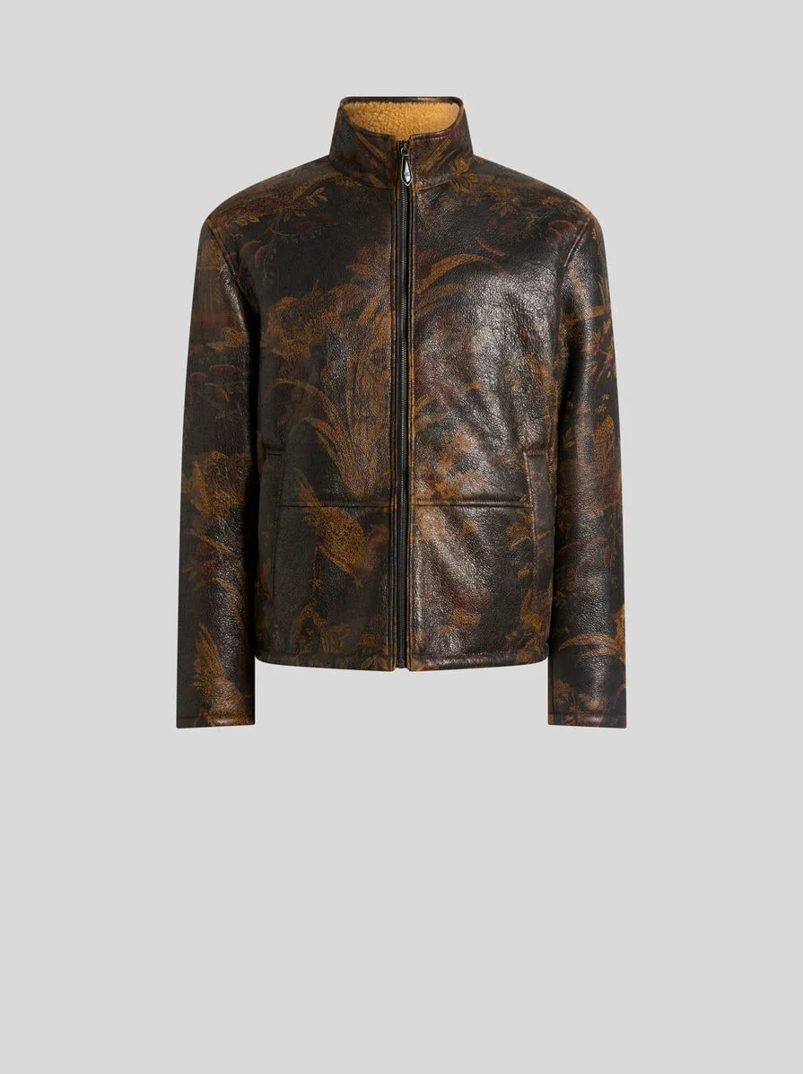 LEATHER BOMBER JACKET WITH SHEARLING AND ANIMAL AND FLORAL PRINT - 1