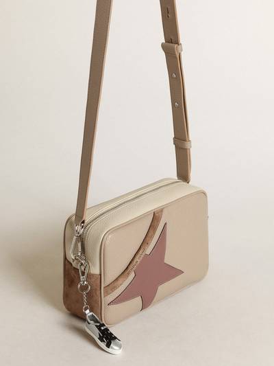Golden Goose Large Star Bag in off-white hammered leather and cappuccino-colored suede with purple leather star outlook