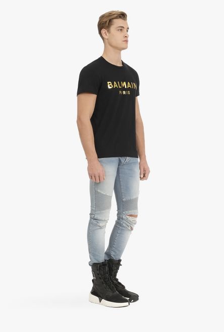 Black cotton T-shirt with gold metallic-effect Balmain Paris logo - 7