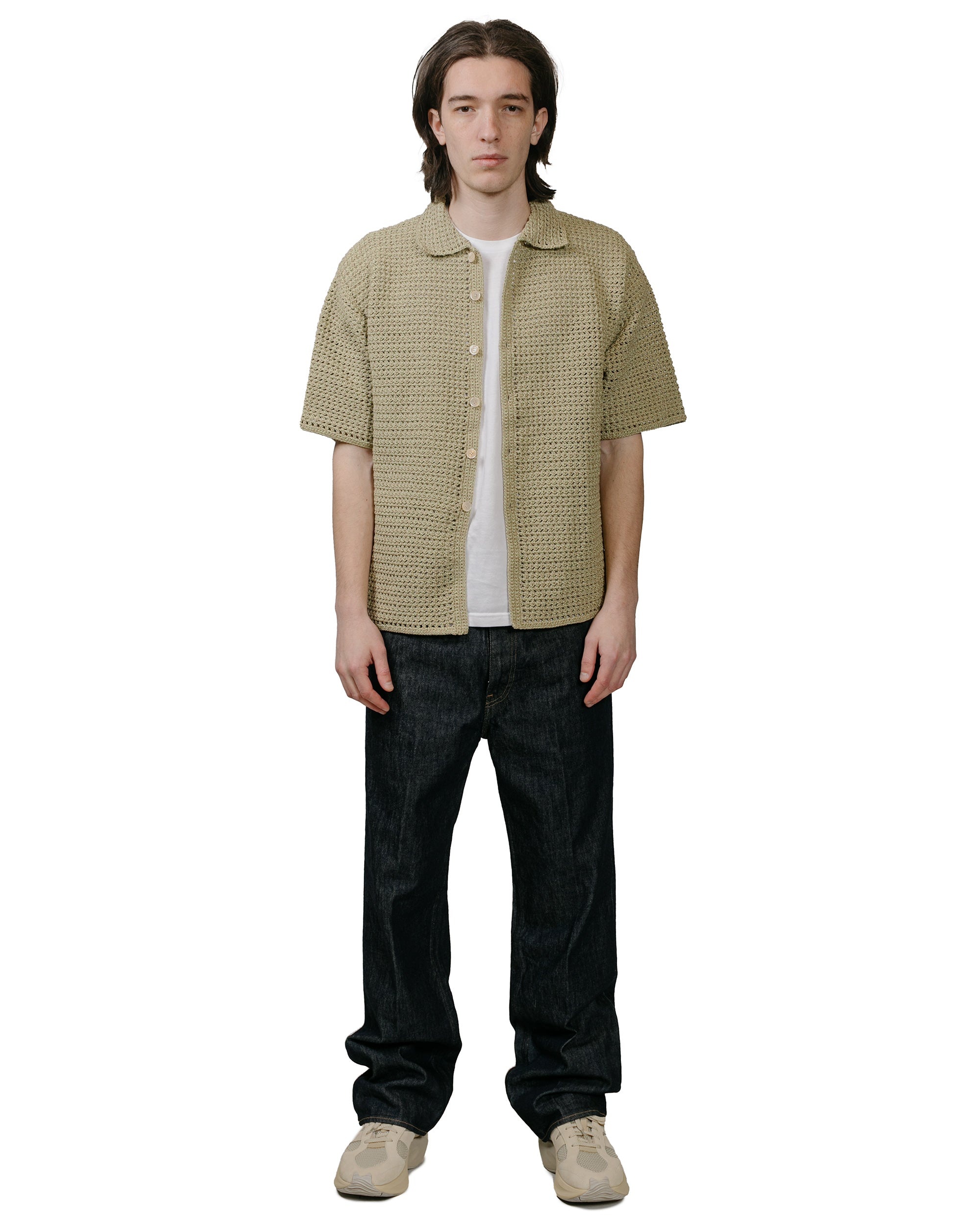 Hand Crochet Knit Half Sleeved Shirt Khaki Beige - 4