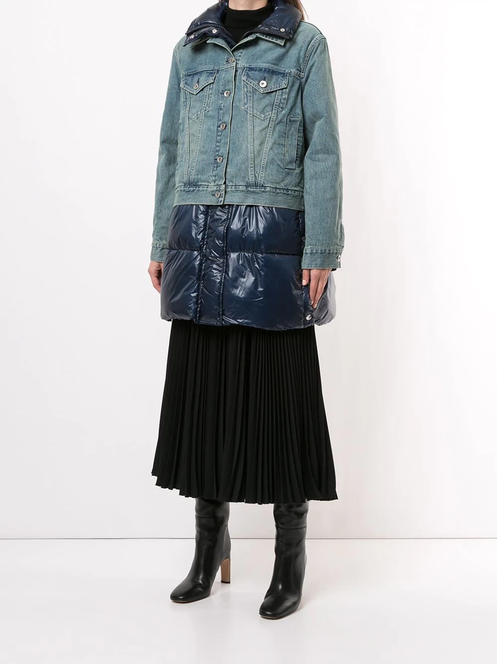 denim panel quilted coat - 3