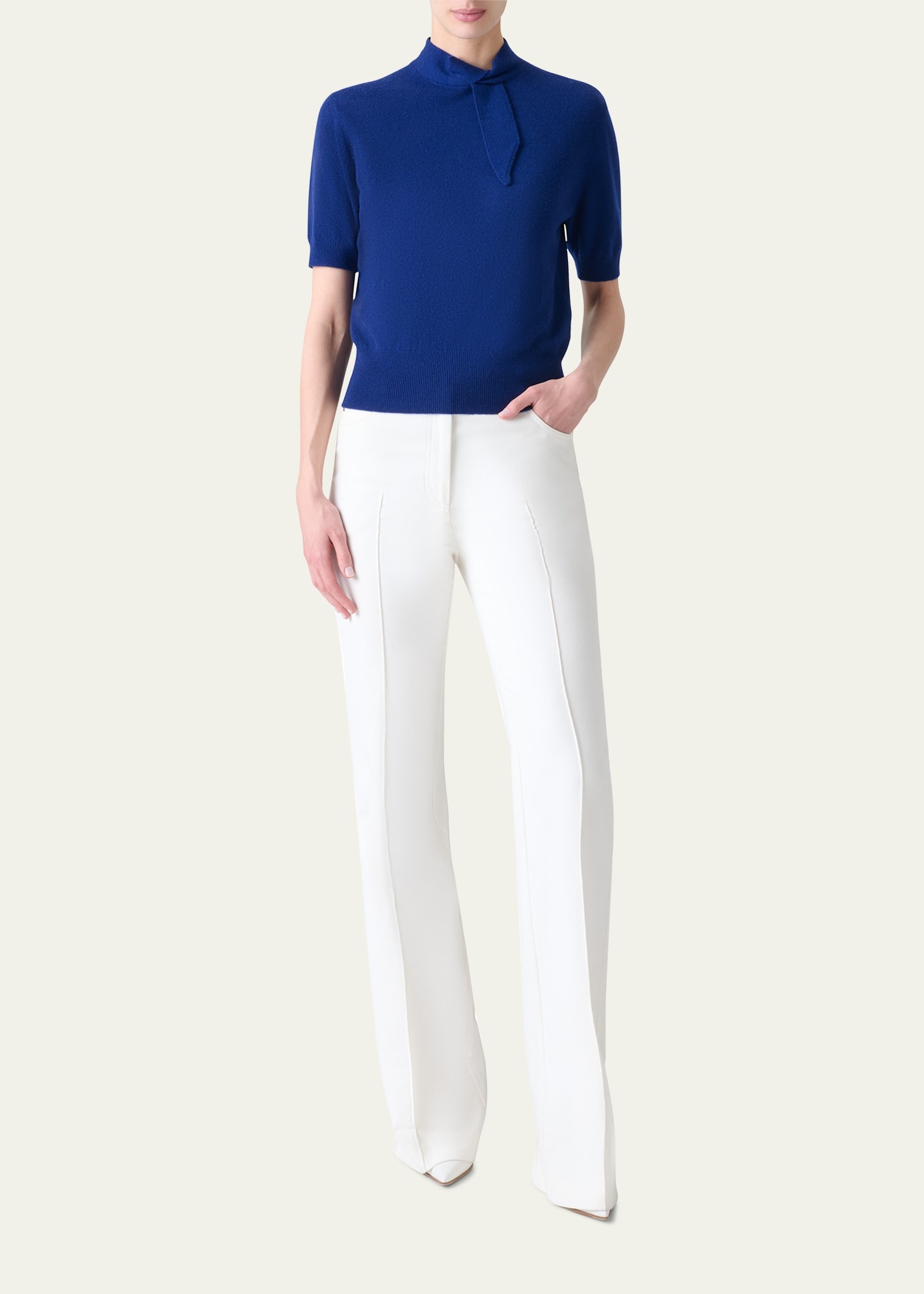 Neck-Tie Cashmere Short-Sleeve Sweater - 2