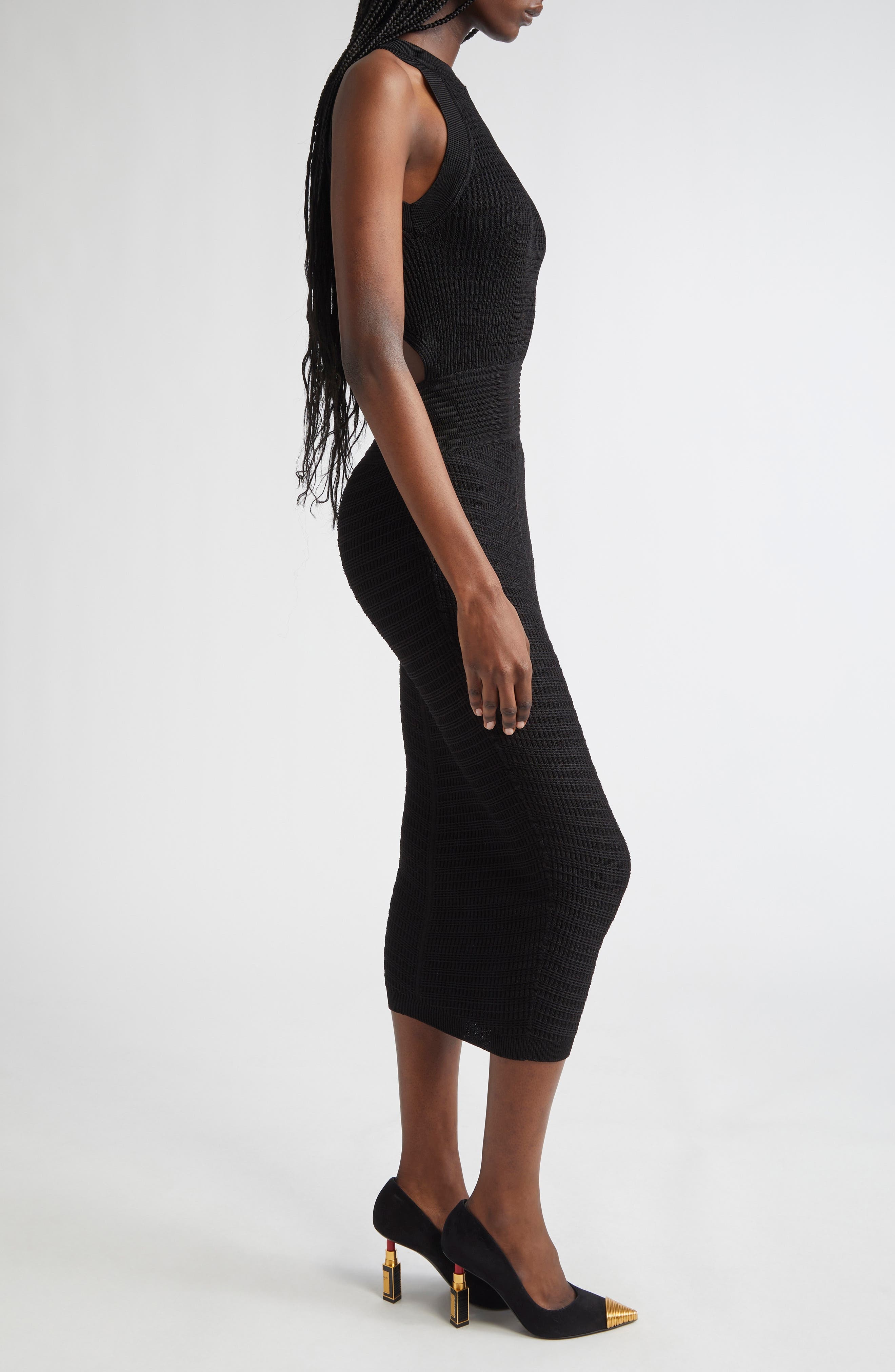 Balmain MIxed Stitch Sleeveless Body-Con Midi Dress in Black at Nordstrom - 3