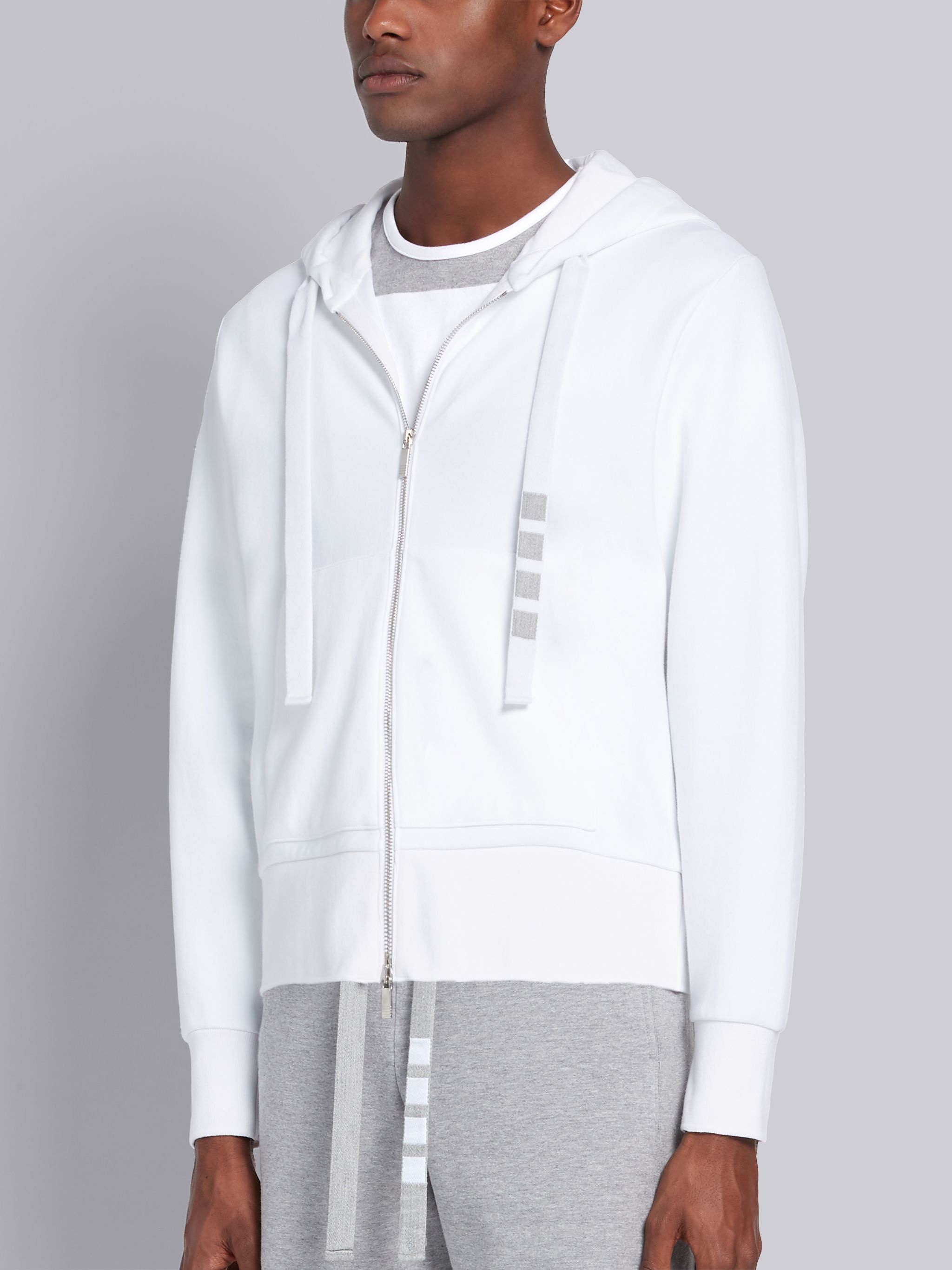 White Double Knit Cotton 4-Bar Zip-up Hoodie - 3