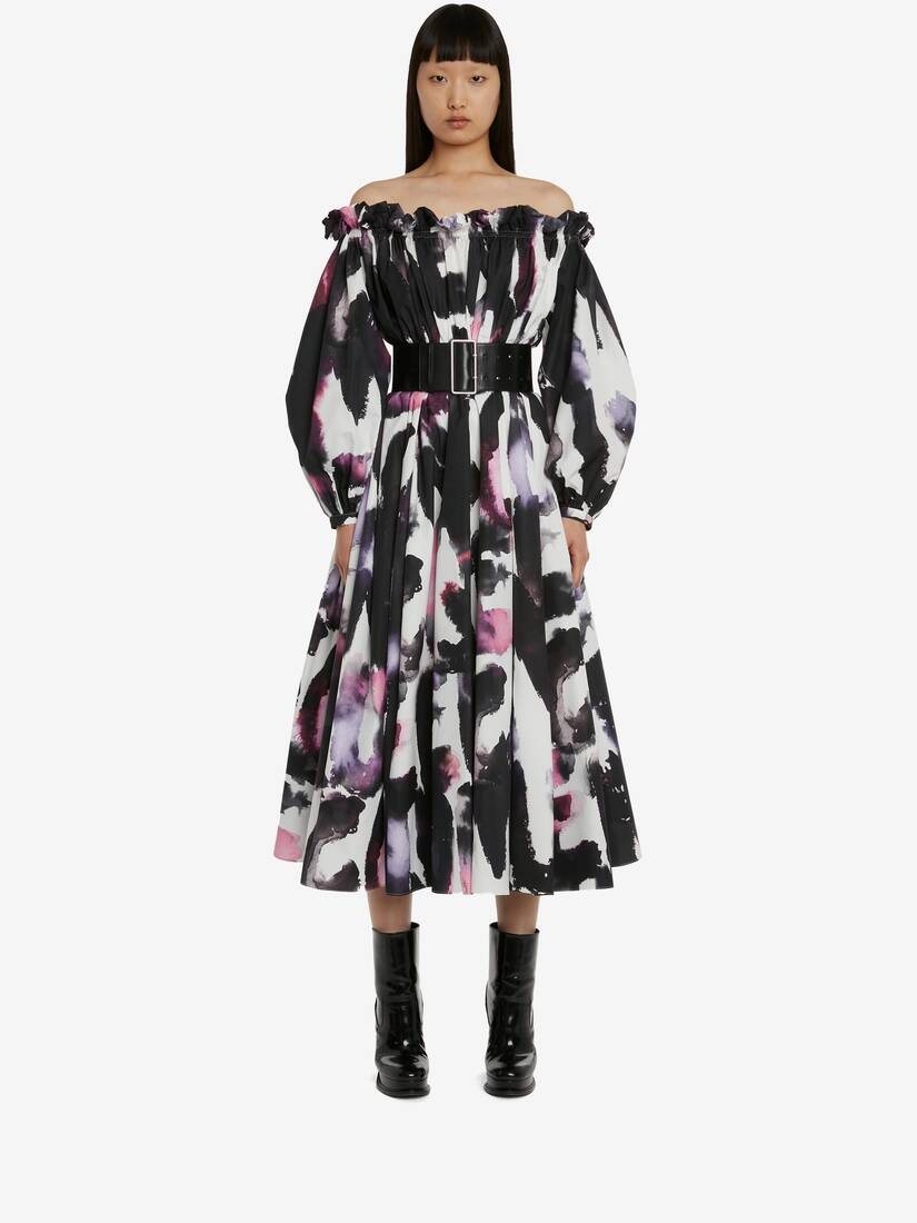 Women's Watercolour Graffiti Off-the-shoulder Midi Dress in White/multicolor - 2