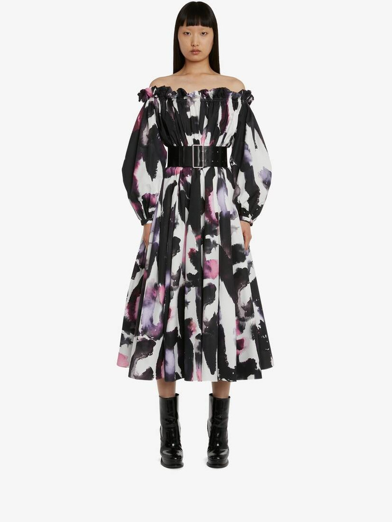Alexander McQueen Women's Watercolour Graffiti Off-the-shoulder Midi Dress in White/multicolor outlook