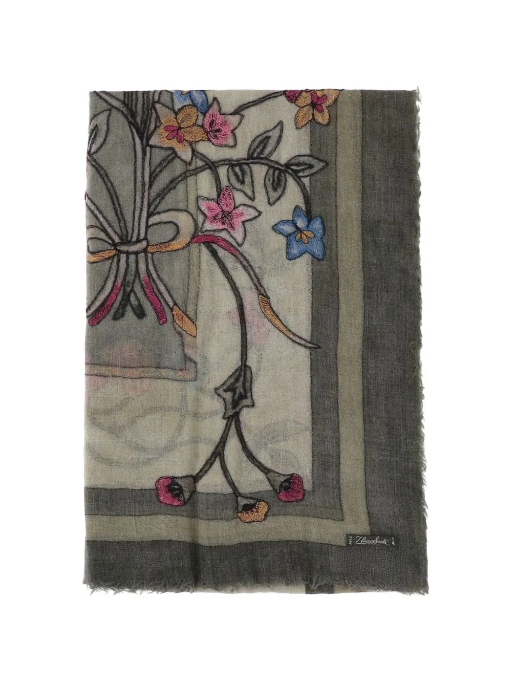 floral-embroidered fringed scarf - 1