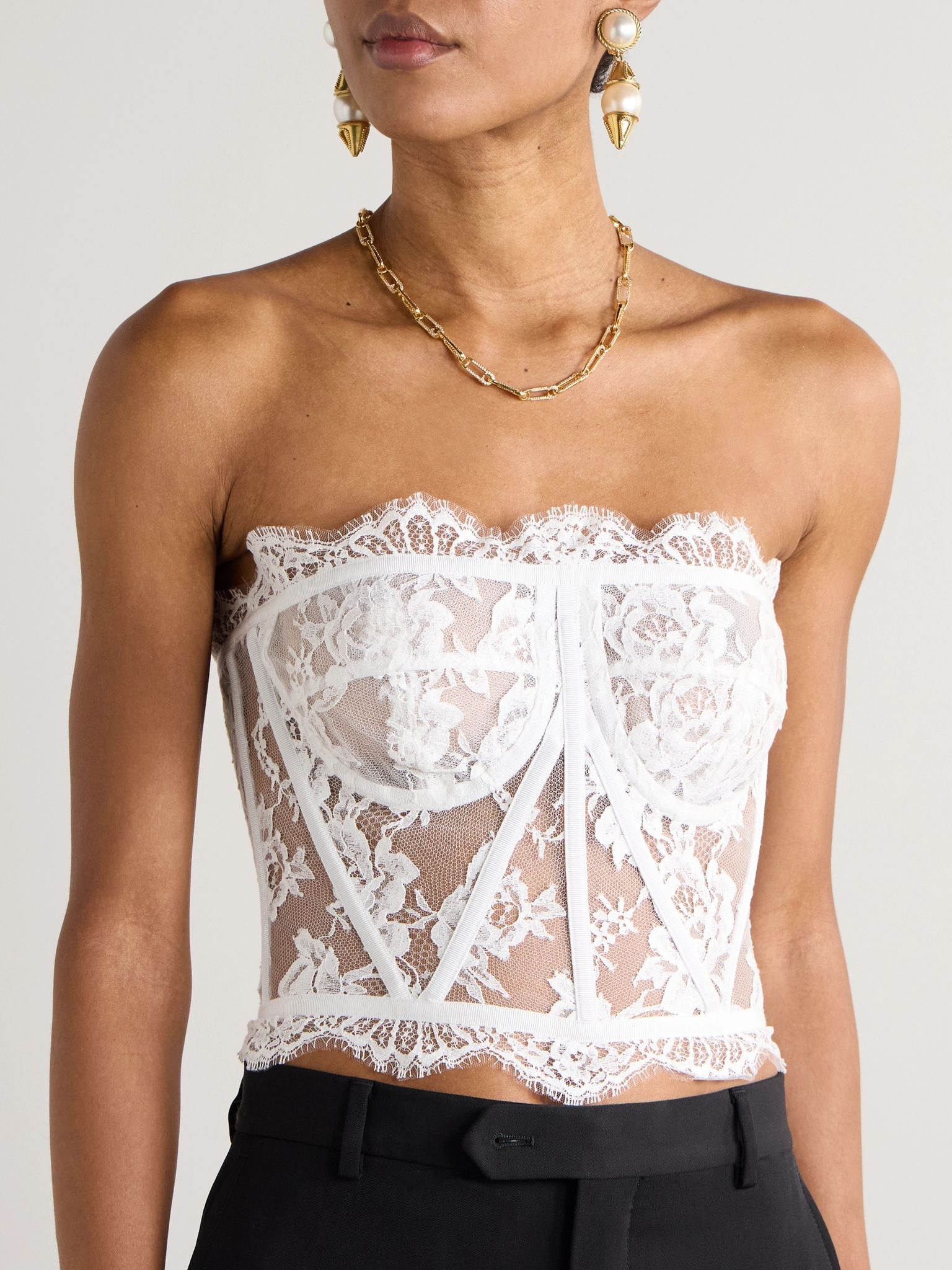 Grosgrain-trimmed lace bustier top White - 3