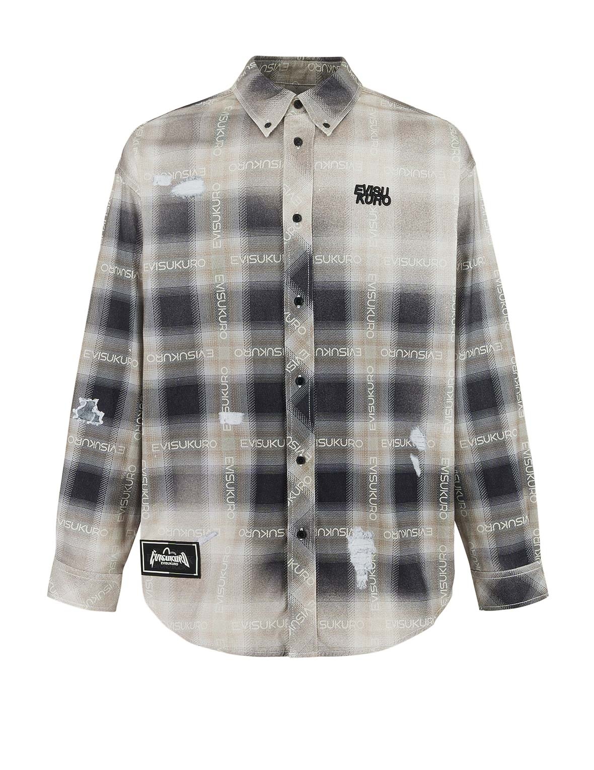 Allover Logo Print Distressed Oversized Check Shirt - 11