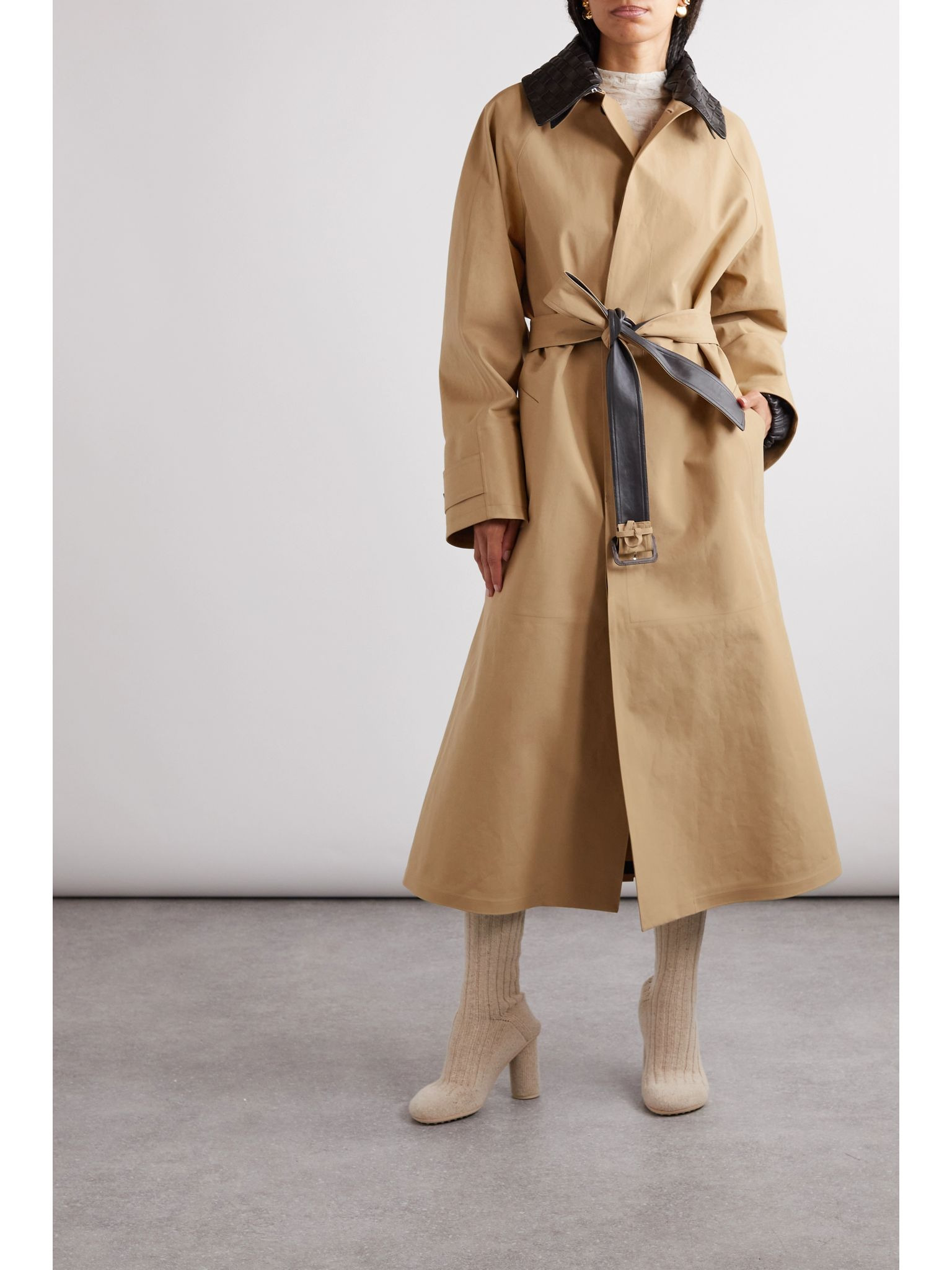 Belted leather-trimmed cotton-garbardine trench coat Beige - 2