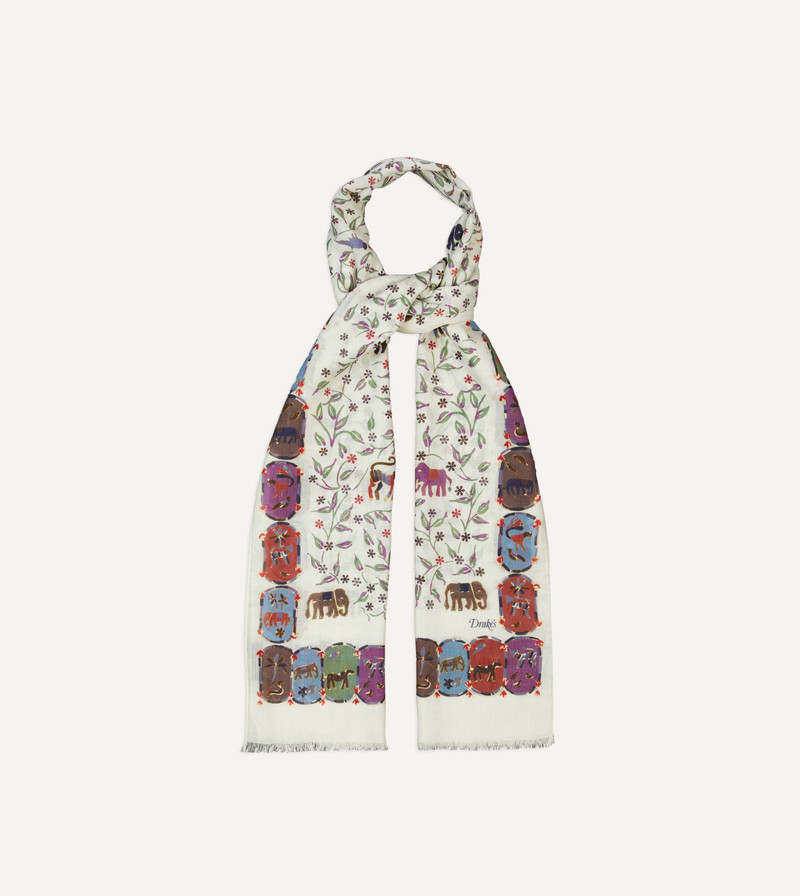 Ecru Elephants and Flowers Print Wool-Silk Scarf 4