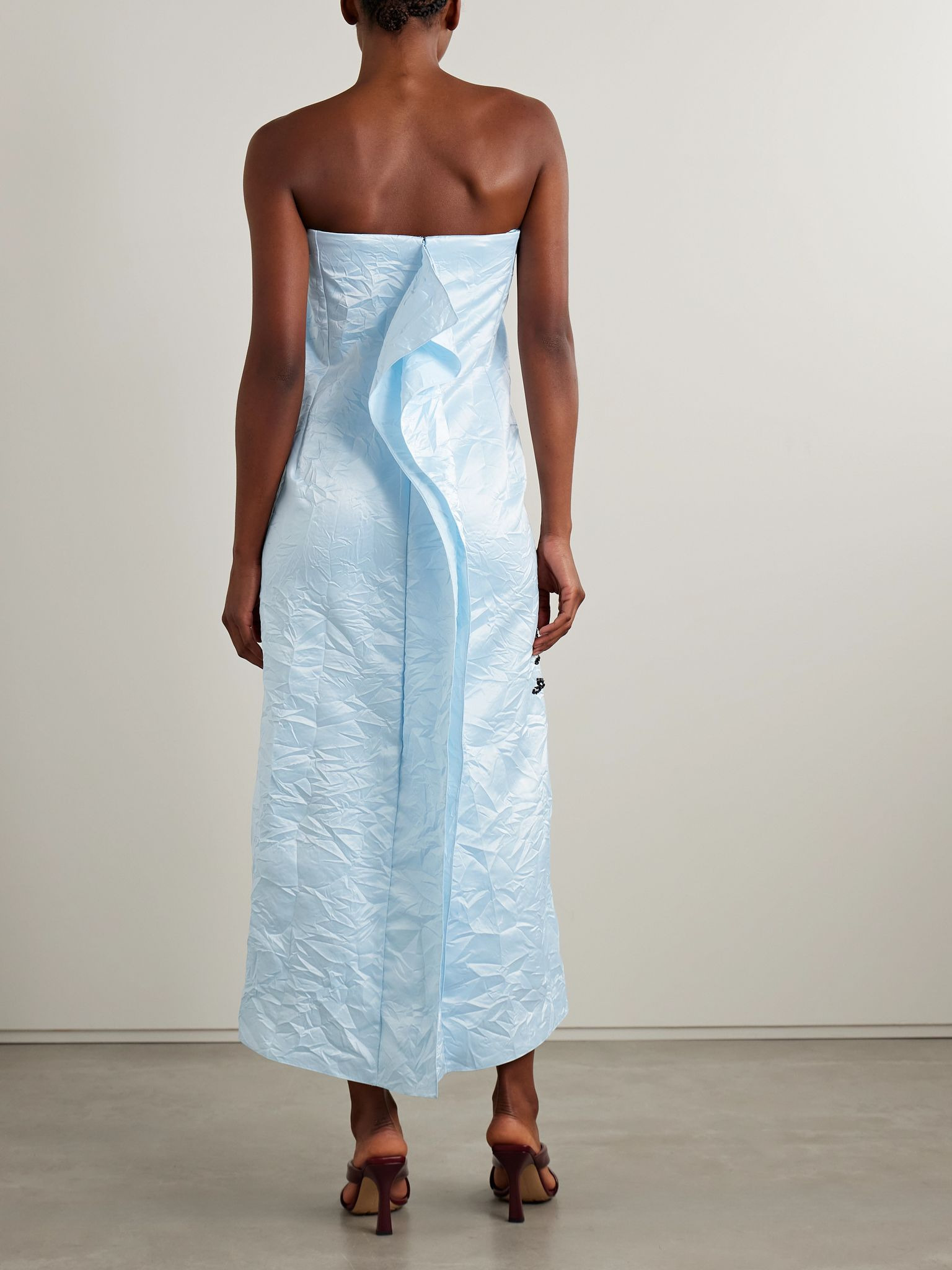 Strapless embellished crinkled-satin midi dress Light blue - 3