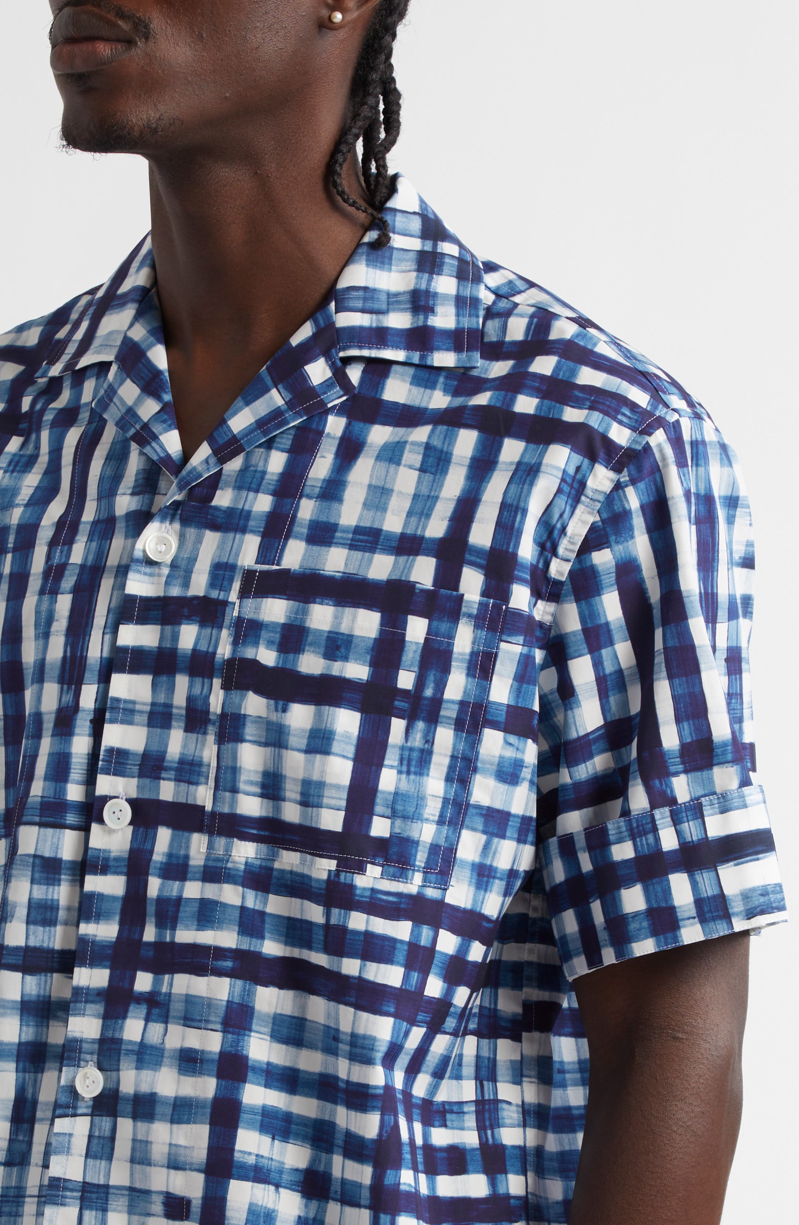 Bottega Veneta Painted Gingham Cotton Camp Shirt in Chalk/Eclipse at Nordstrom - 5