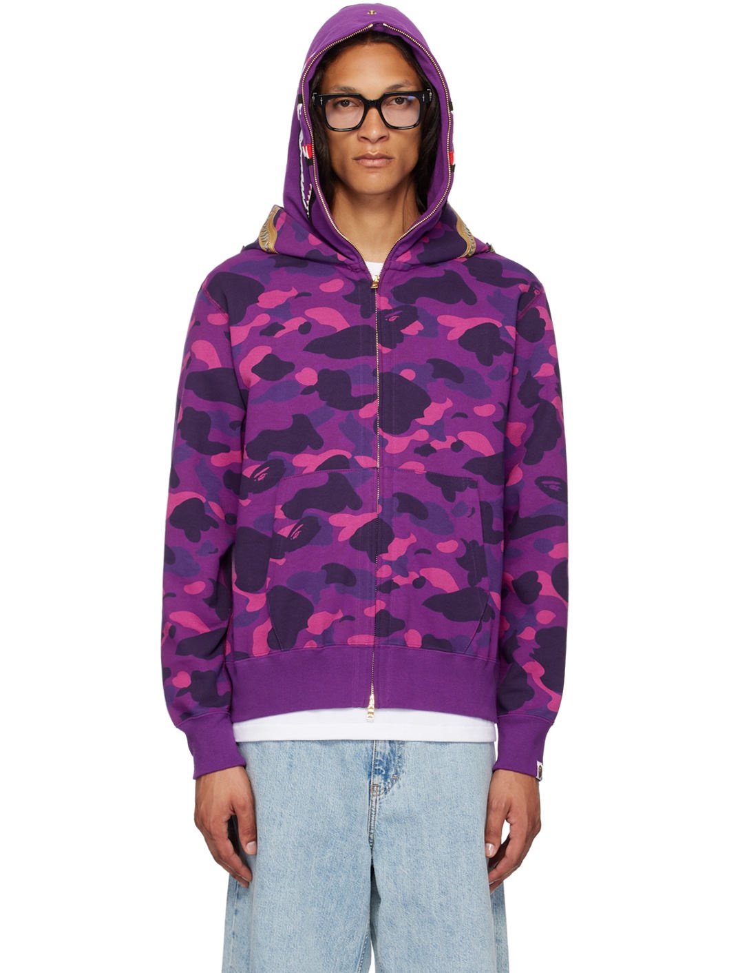 Purple Color Camo Double Shark Full Zip Hoodie - 1