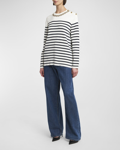Valentino Beaded-Neck Button-Shoulder Striped Sweater outlook