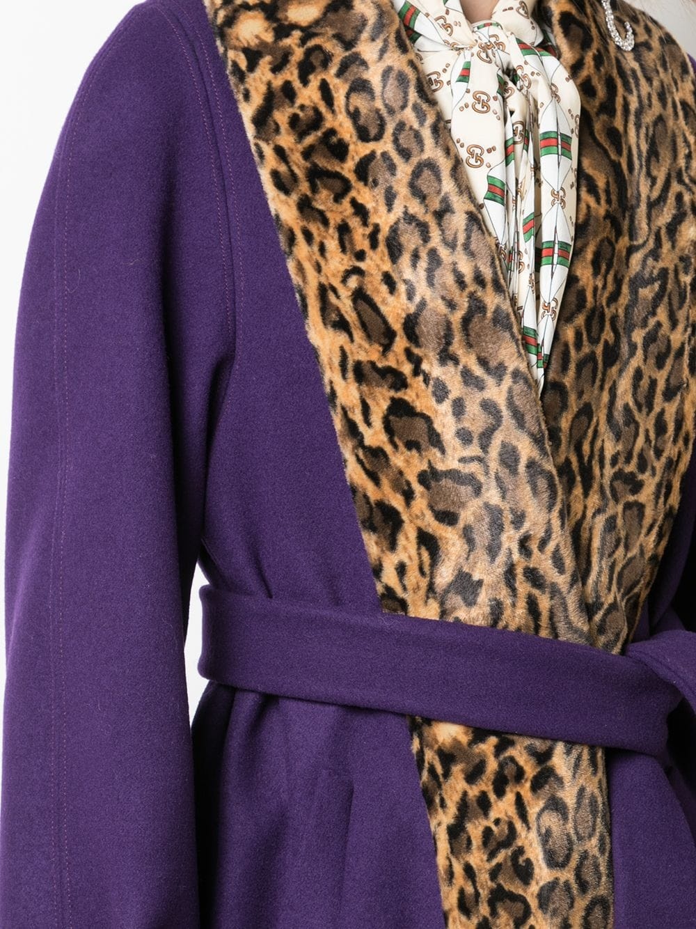 leopard print trimmed belted coat - 5