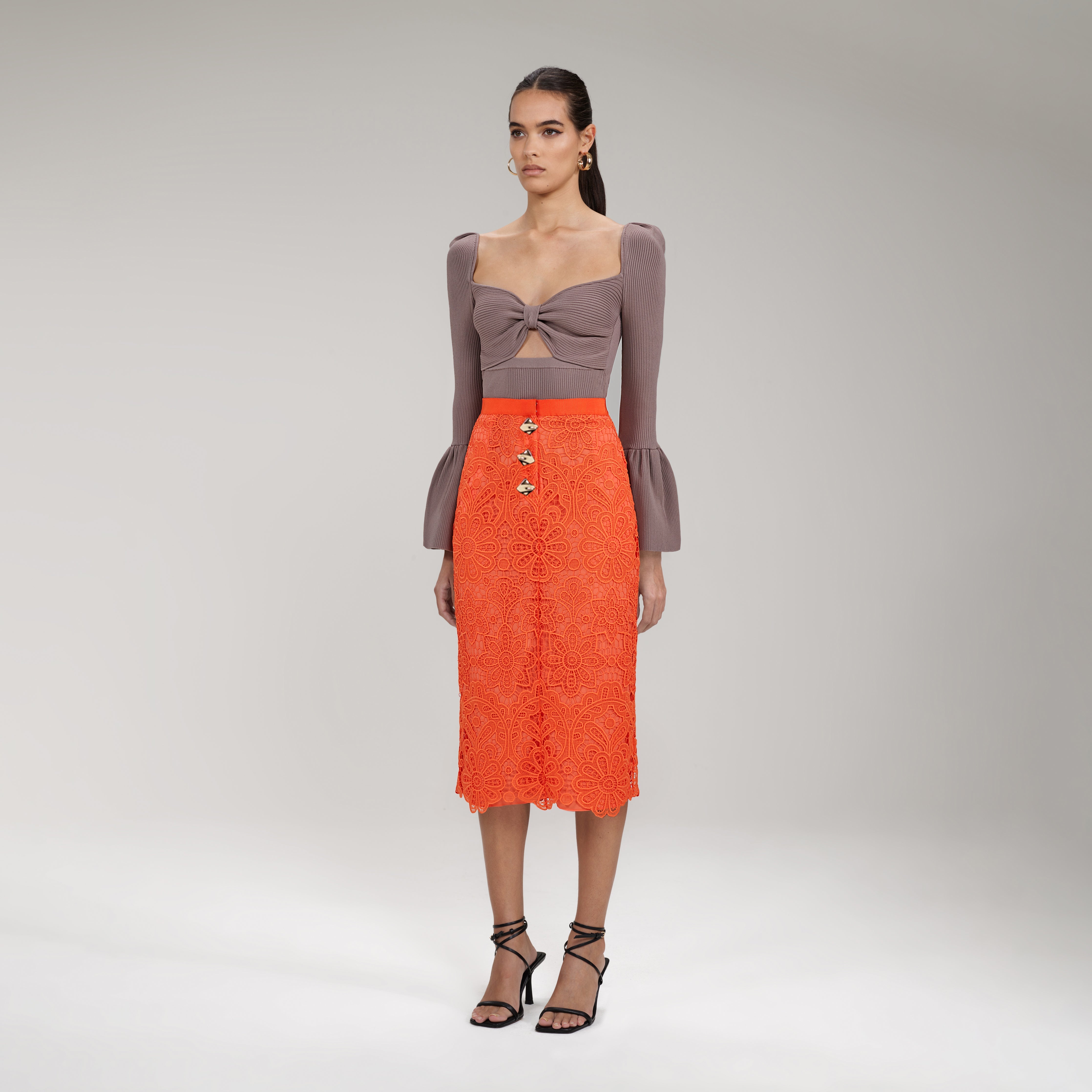 Orange Floral Guipure Midi Skirt - 2