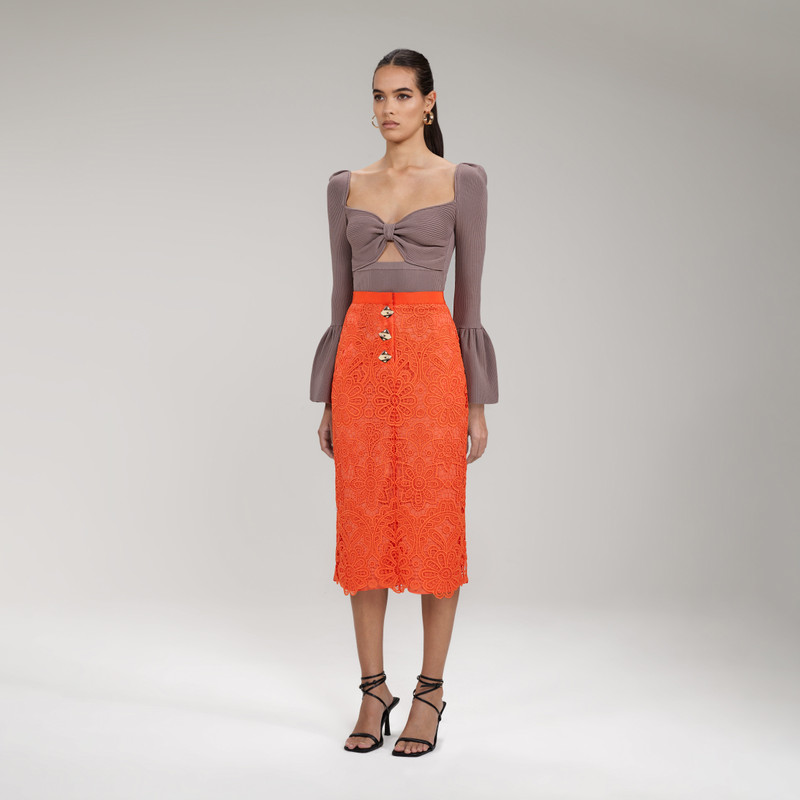 self-portrait Orange Floral Guipure Midi Skirt outlook