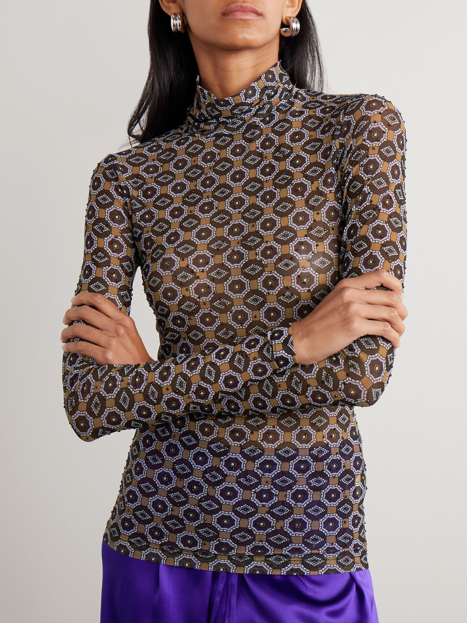 Crystal-embellished printed stretch-mesh turtleneck top Brown - 3