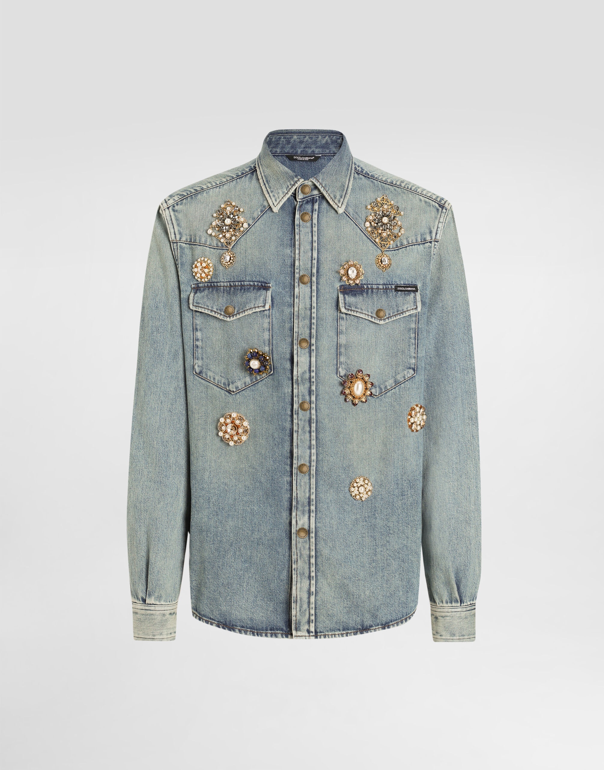 Denim shirt with bejeweled appliqués - 1