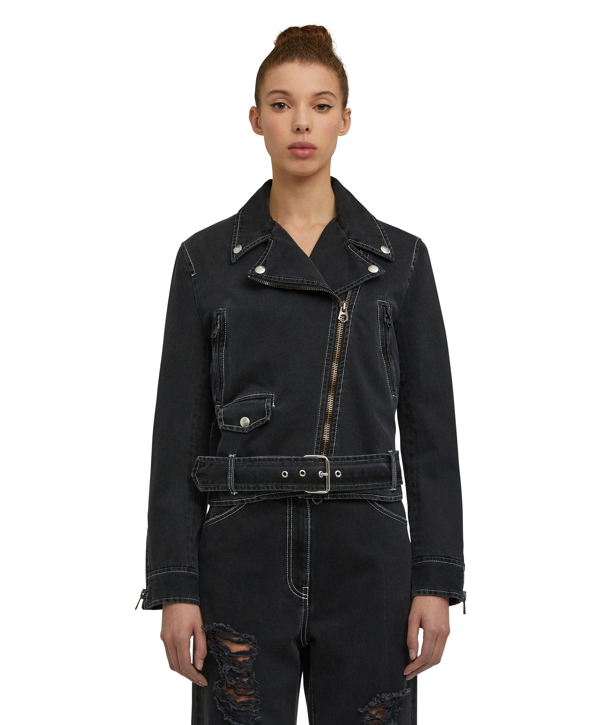"Black Denim with Stitches" Biker jacket - 2