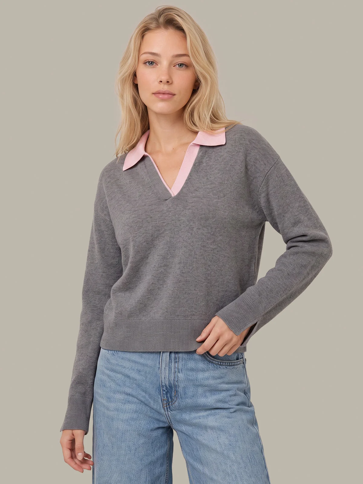 Maddi: Cotton Colorblock Polo Sweater - 1