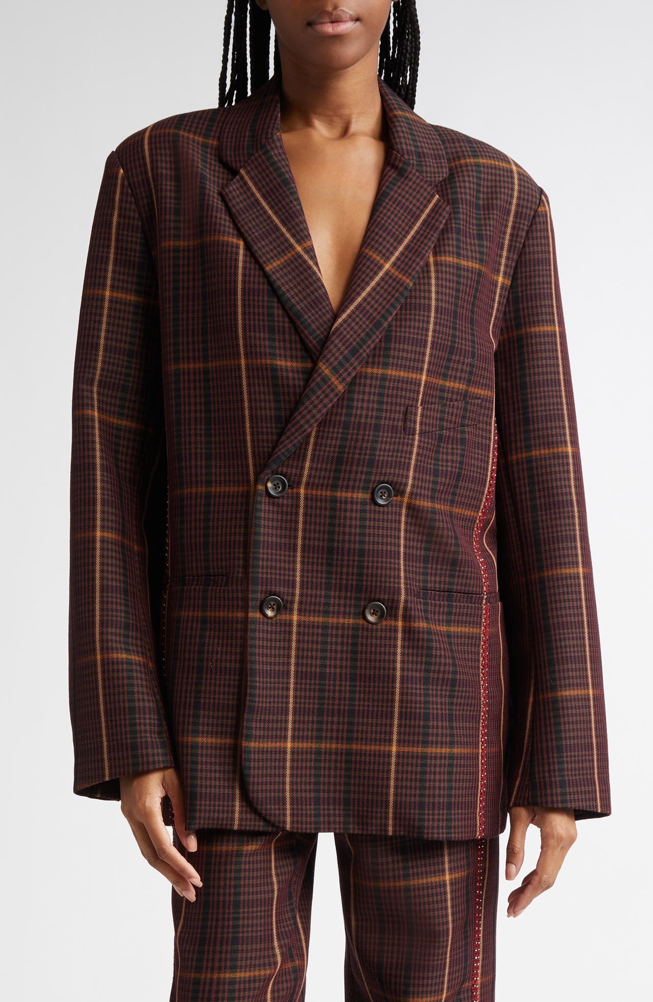 Diotima Hodges Plaid Double Breasted Blazer in Maroon at Nordstrom - 1