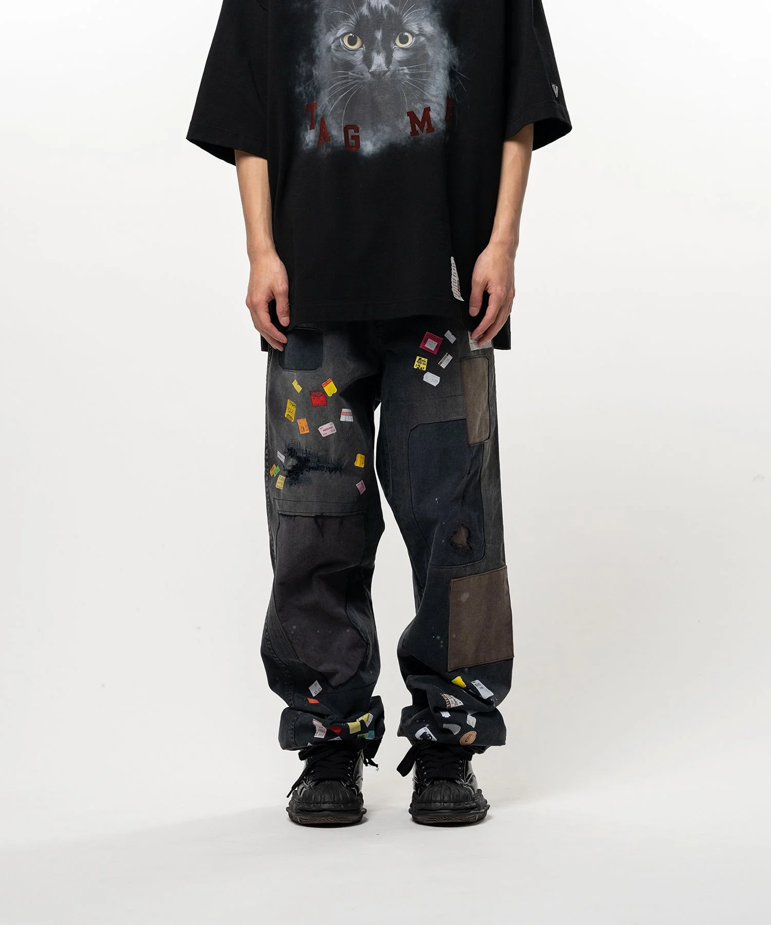 Price Tag Sticker Print Repaired Pants - 1