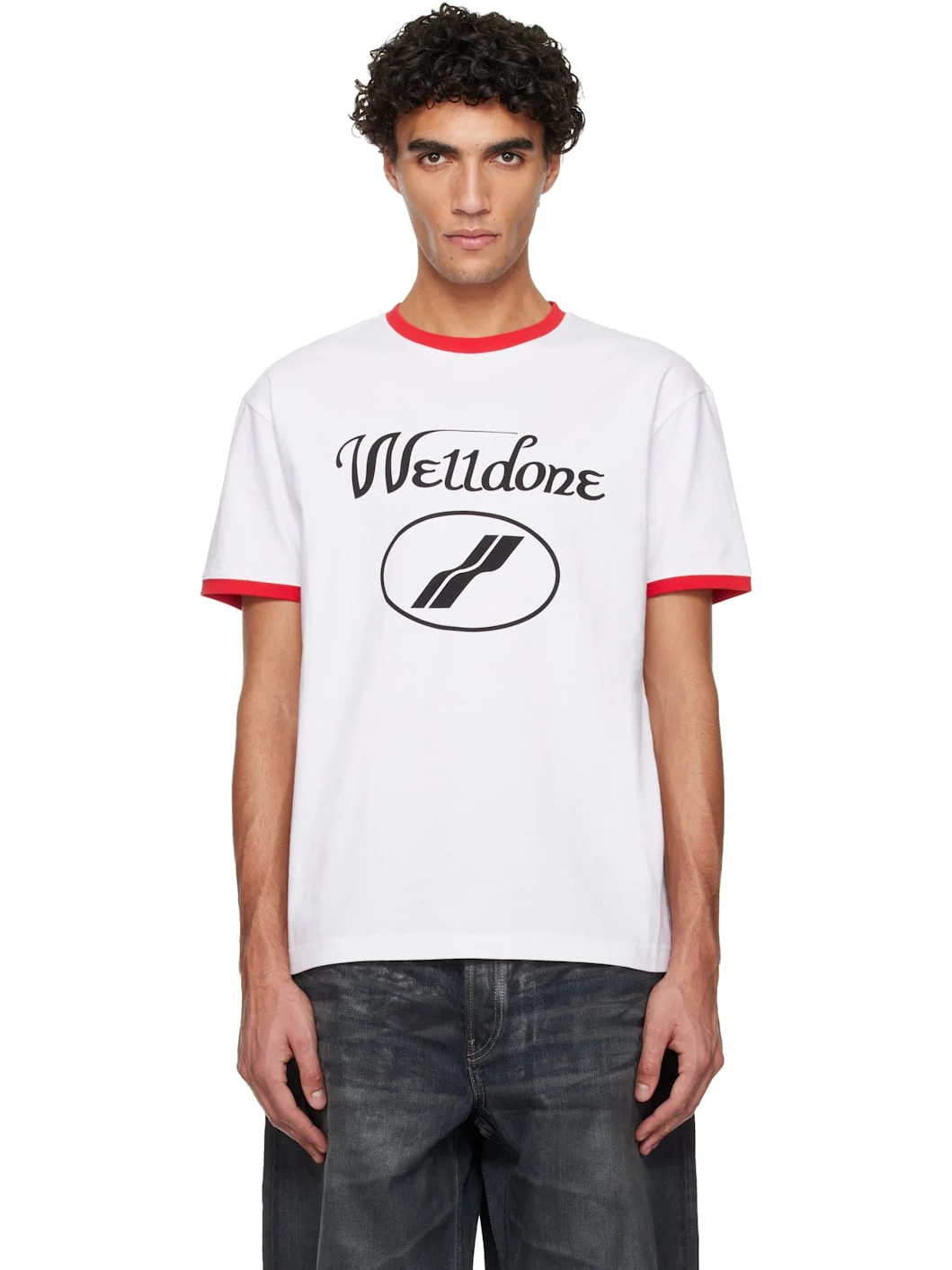White Cursive Logo Fitted Ringer T-shirt - 1
