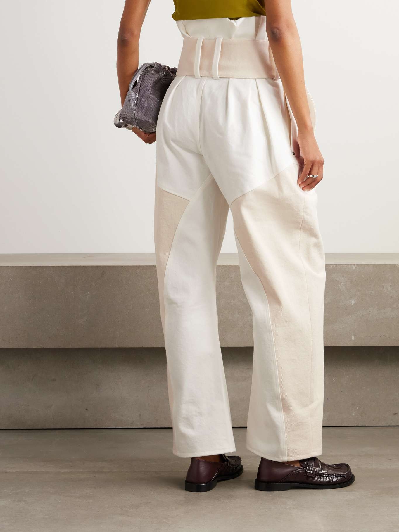 Belted pleated paneled two-tone cotton-poplin wide-leg pants Off-white - 3