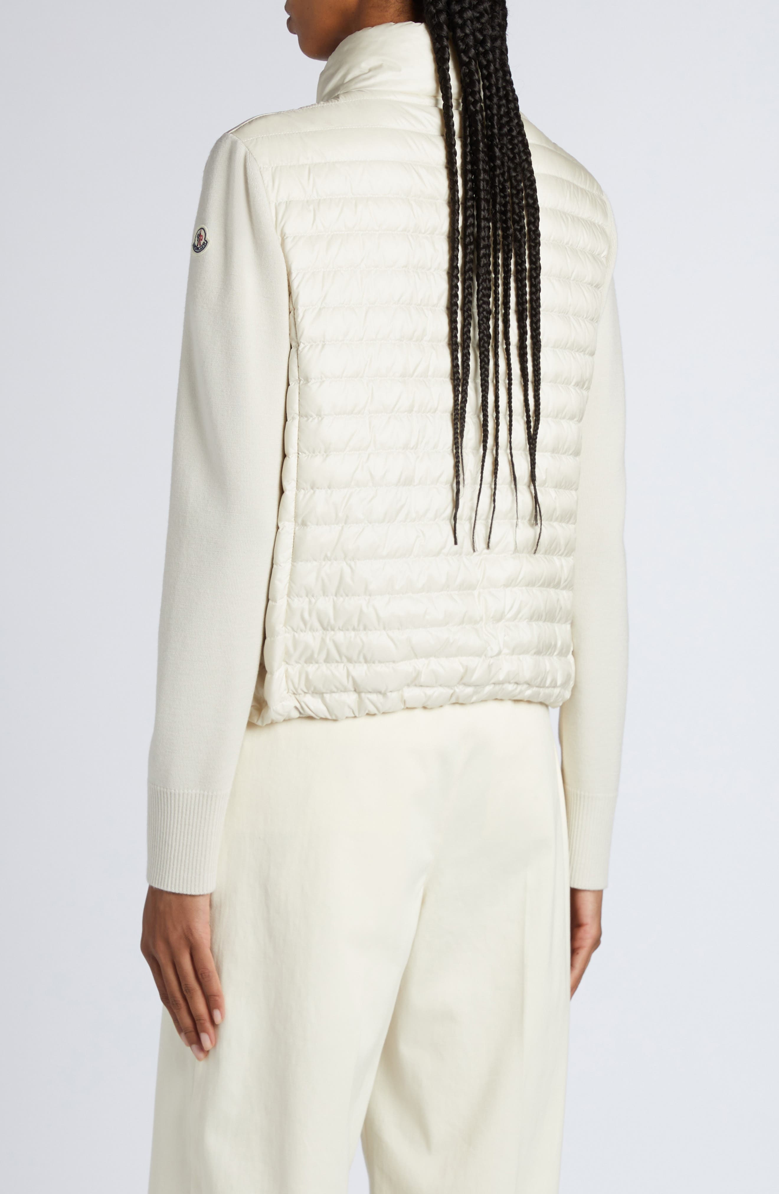 Moncler Quilted Down & Virgin Wool Knit Cardigan in Pearl White at Nordstrom - 3