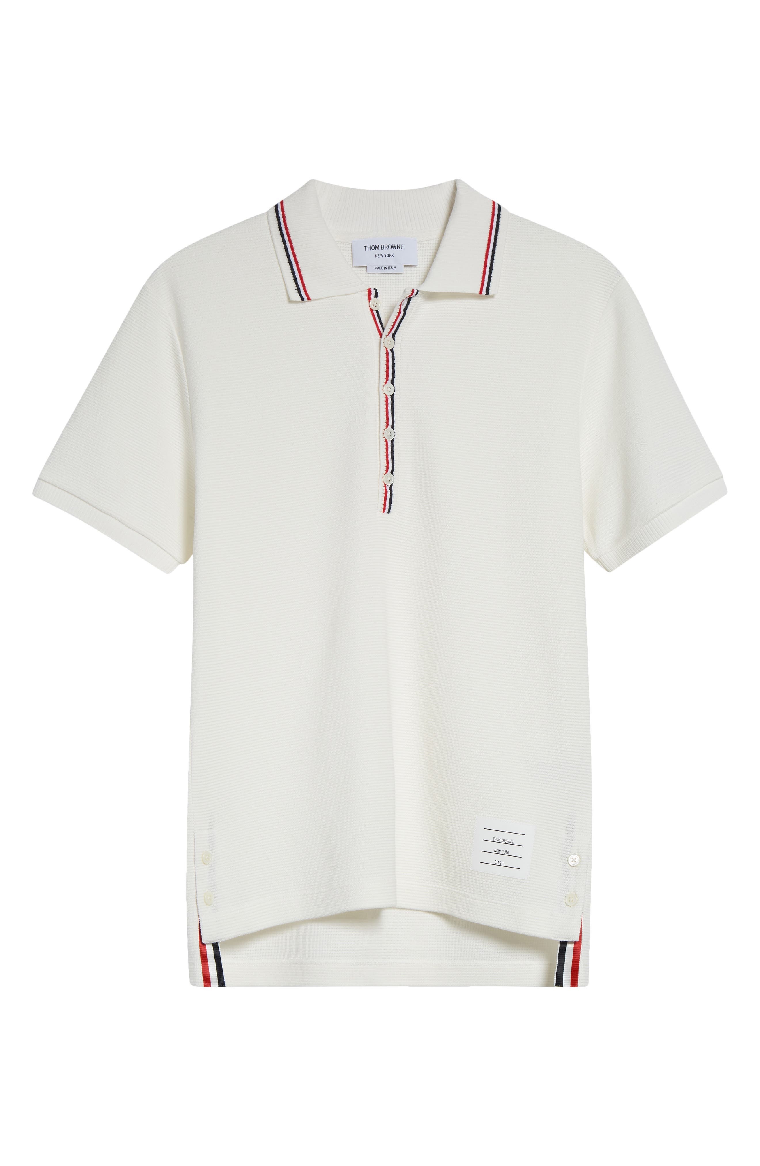 Thom Browne Stripe Trim Waffle Stitch Polo in Natural White at Nordstrom - 5