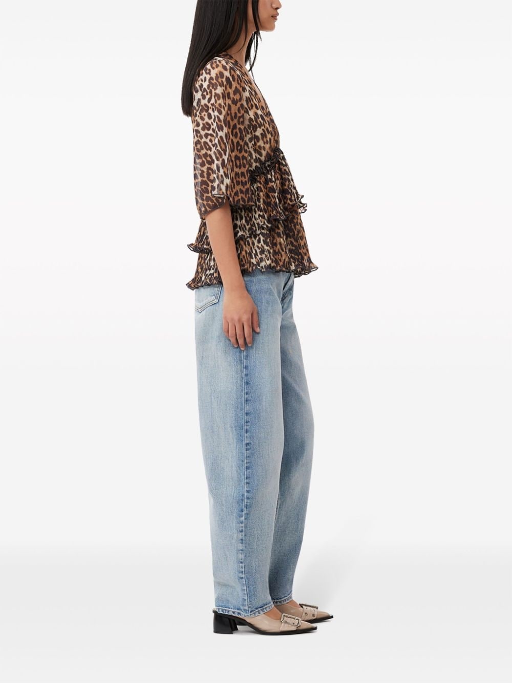 leopard-print V-neck pleated blouse - 3