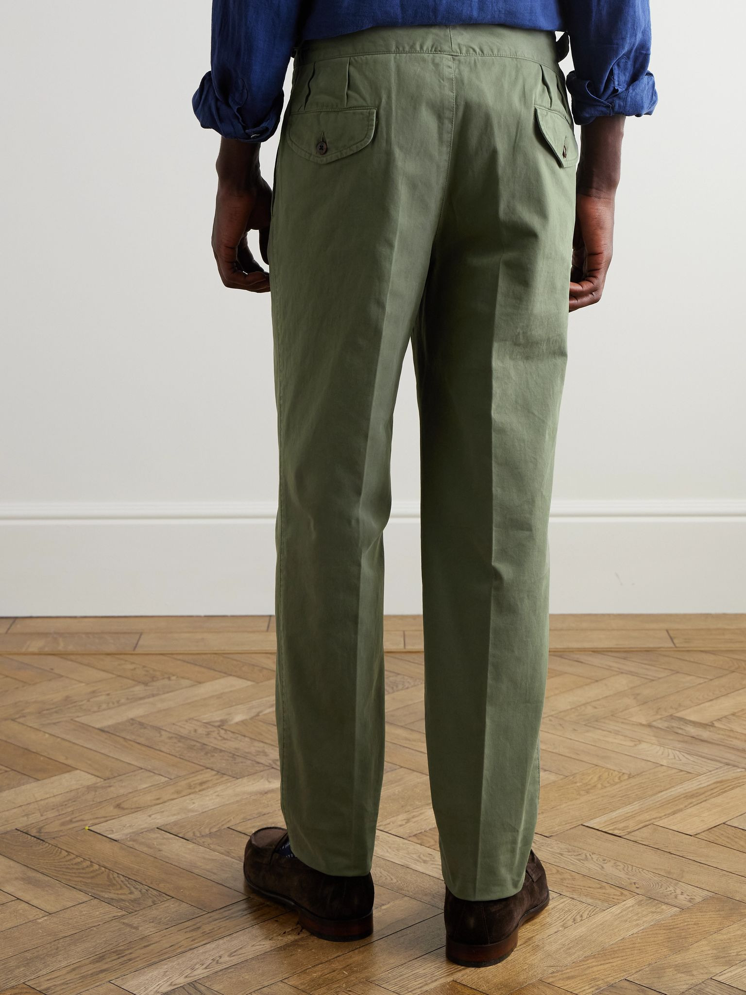 Manny Straight-Leg Pleated Cotton-Twill Trousers Green - 4