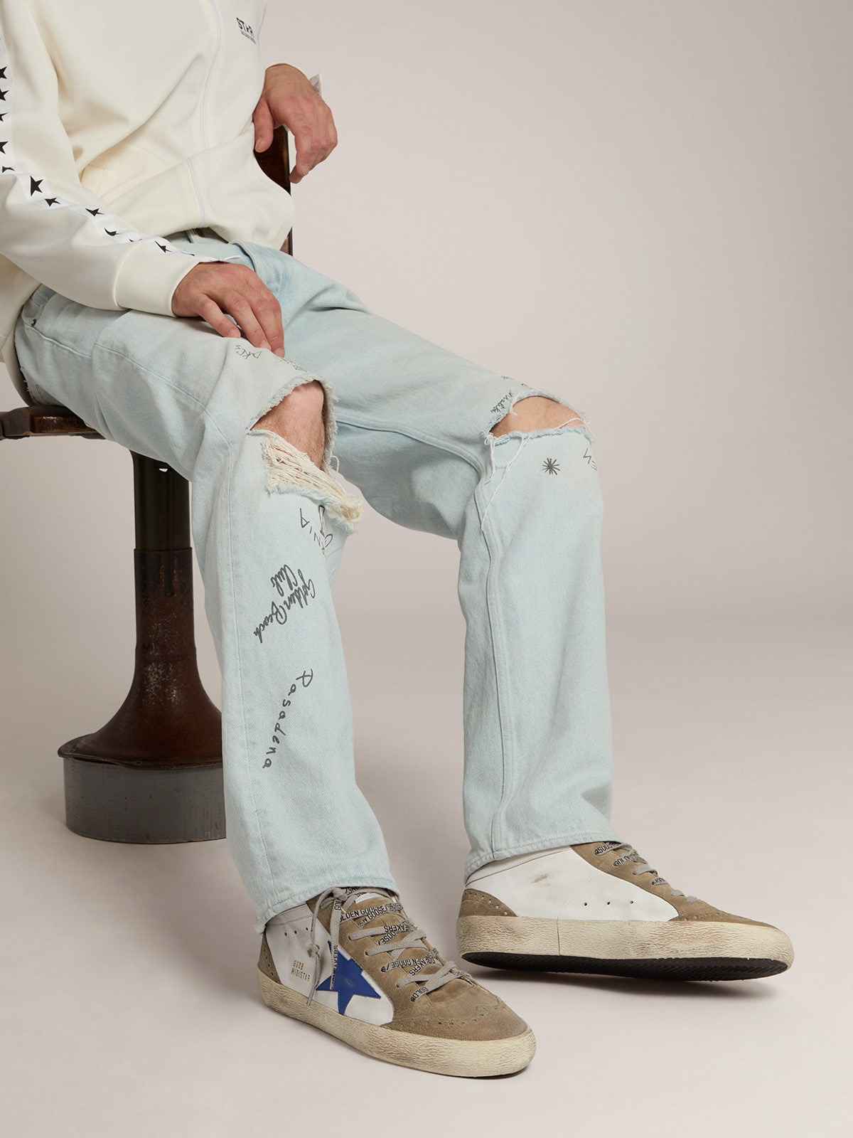 Men's Mid Star in white leather with blue star and dove gray inserts - 3