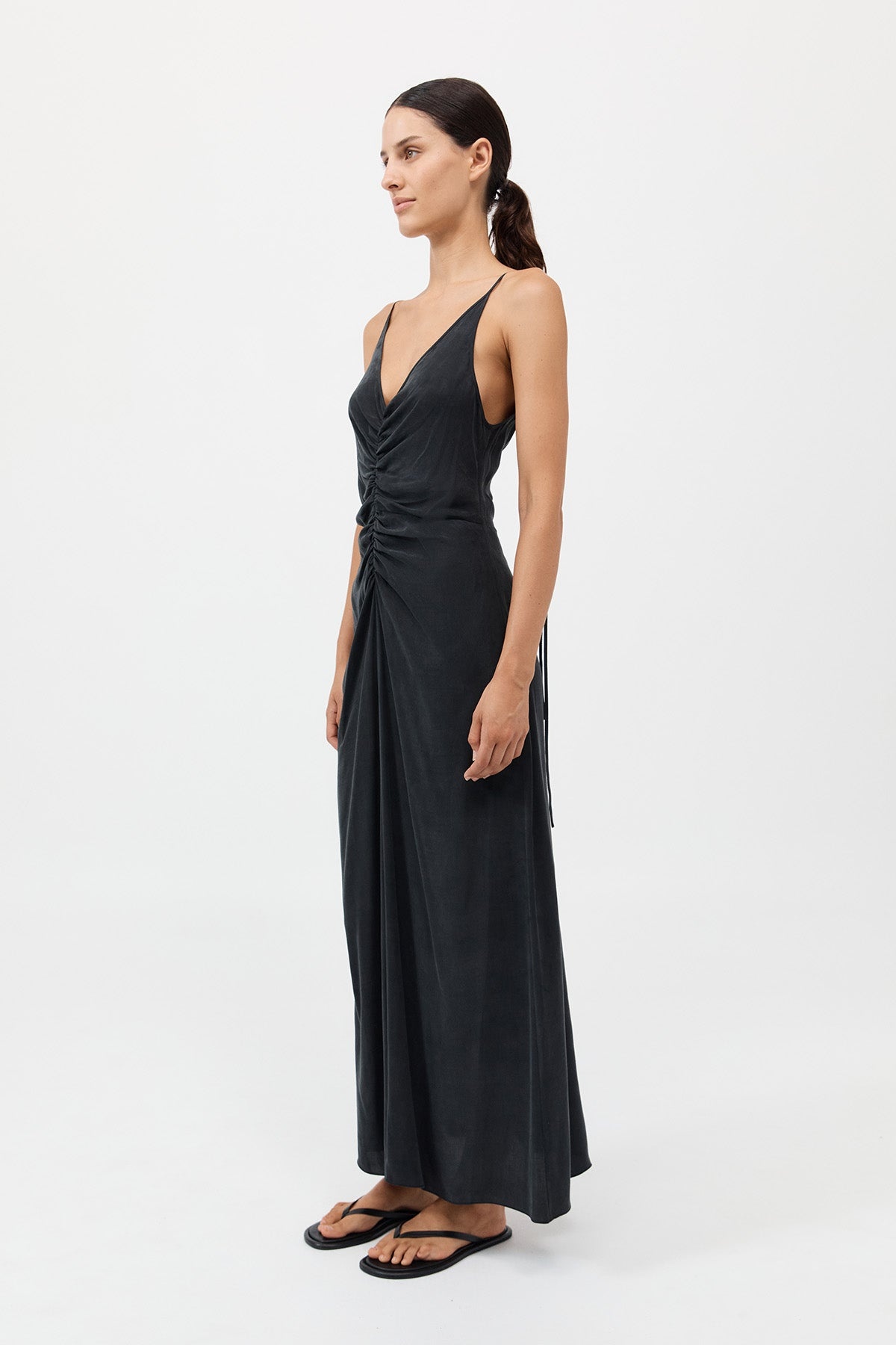 Gathered Tie Dress - Black - 4