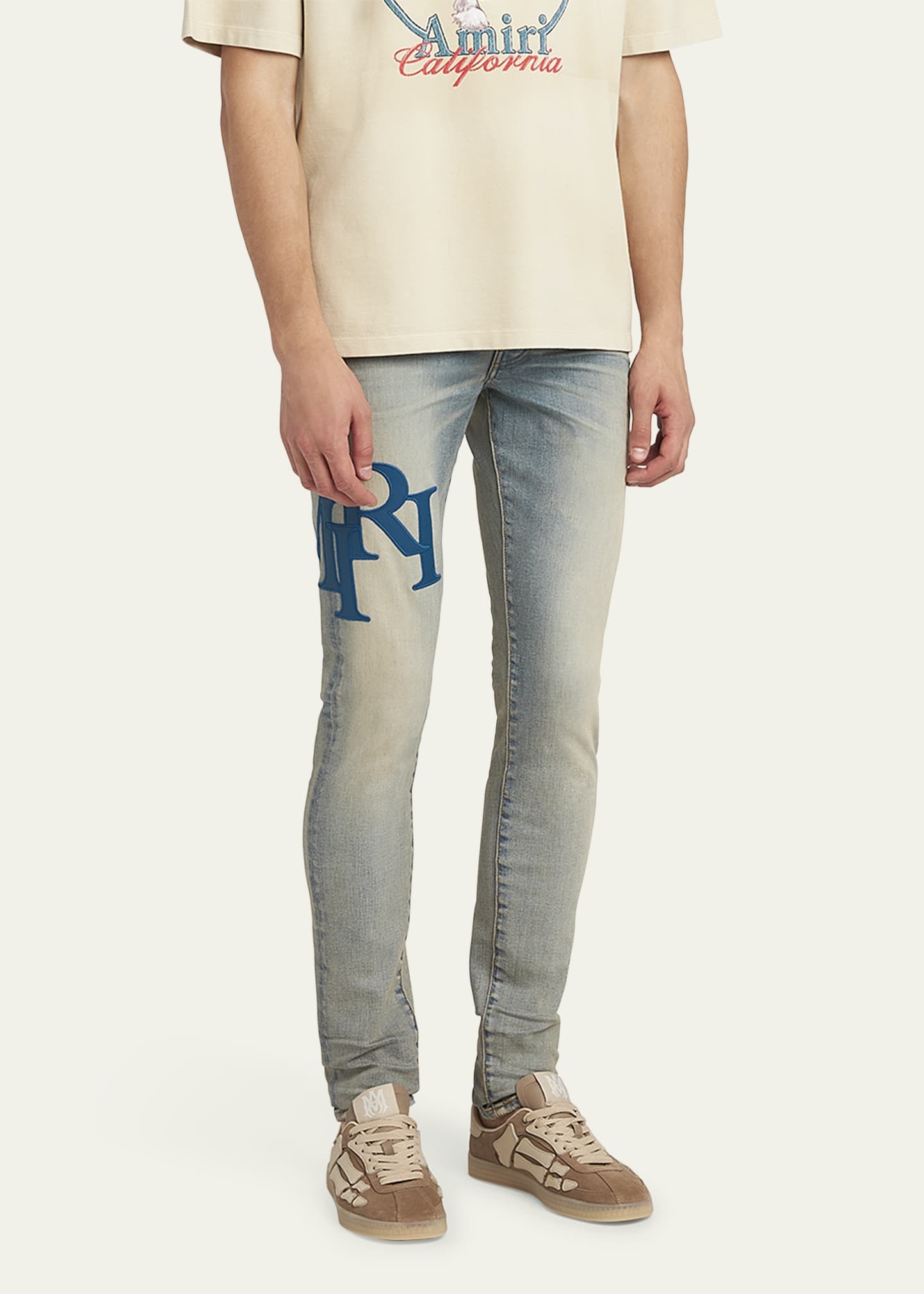 Men's Staggered Leather Logo Skinny Jeans - 4