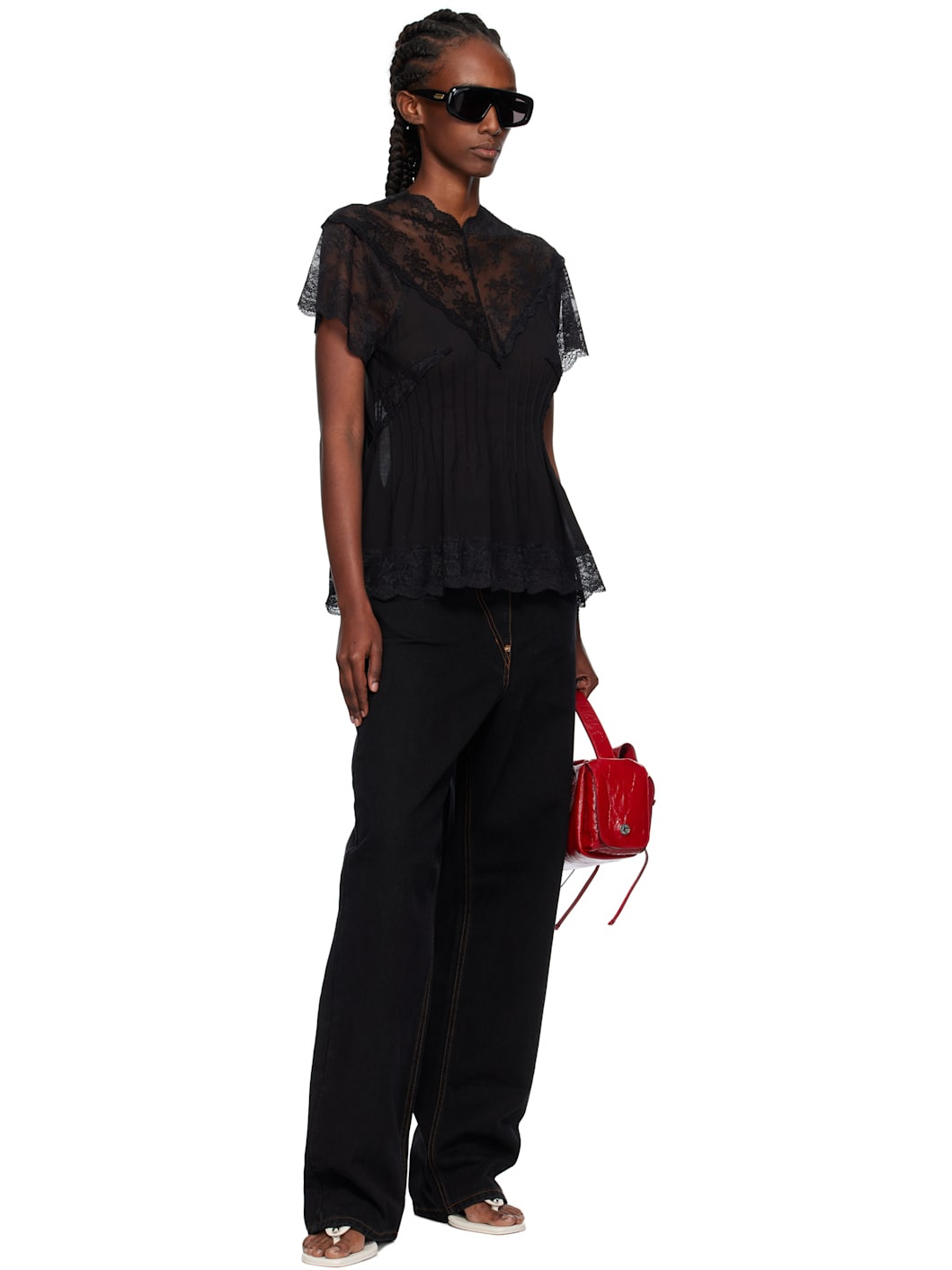 Black Lace Trim Darted Top - 4