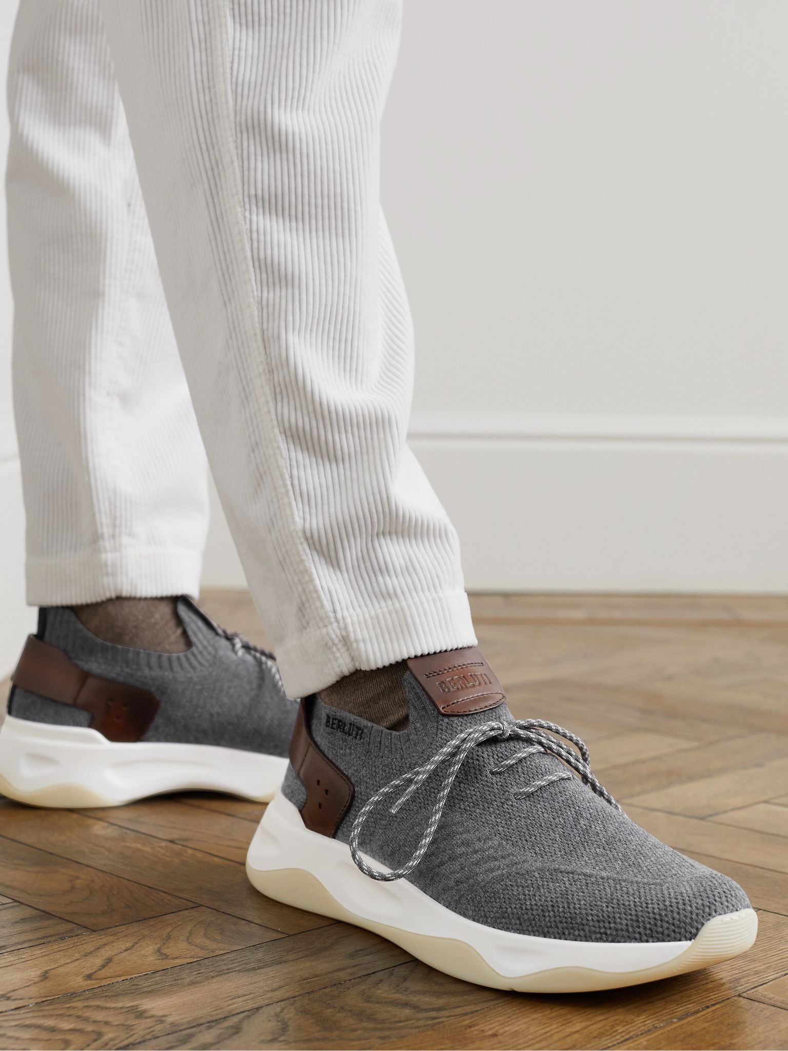 Shadow Venezia Leather-Trimmed Stretch-Knit Sneakers Gray - 2
