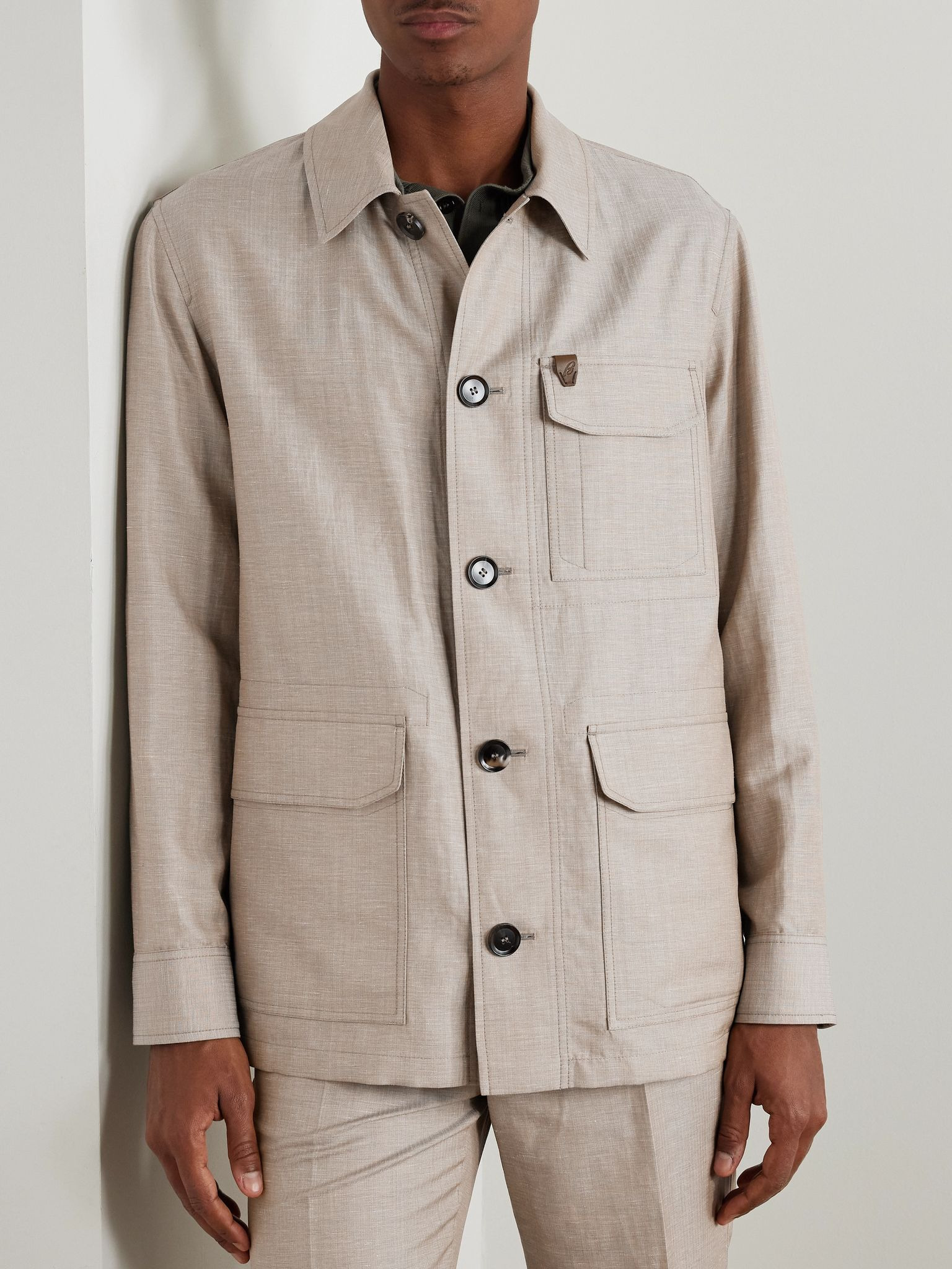 Logo-Appliquéd Wool, Linen and Silk-Blend Overshirt Neutral - 3