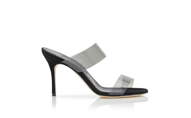 Black Suede and ECO PVC Open Toe Mules - 1