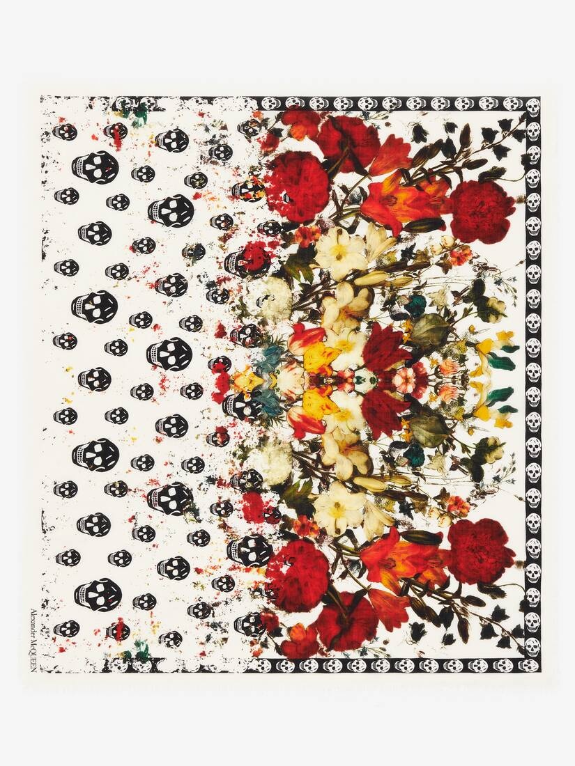 Women's Floral Classic Skull Foulard in Ivory/red - 1