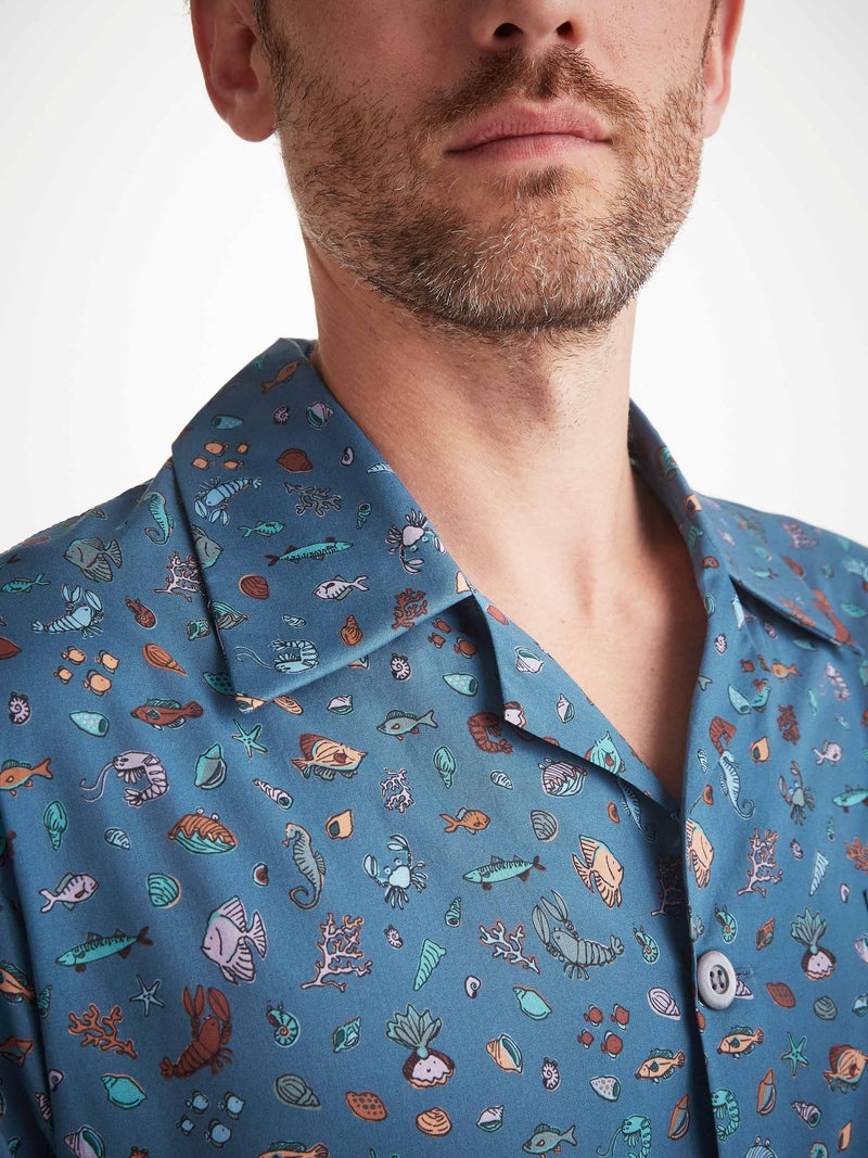 Men's Short Pajamas Cotton Batiste Blue Sea Friends Print - 5