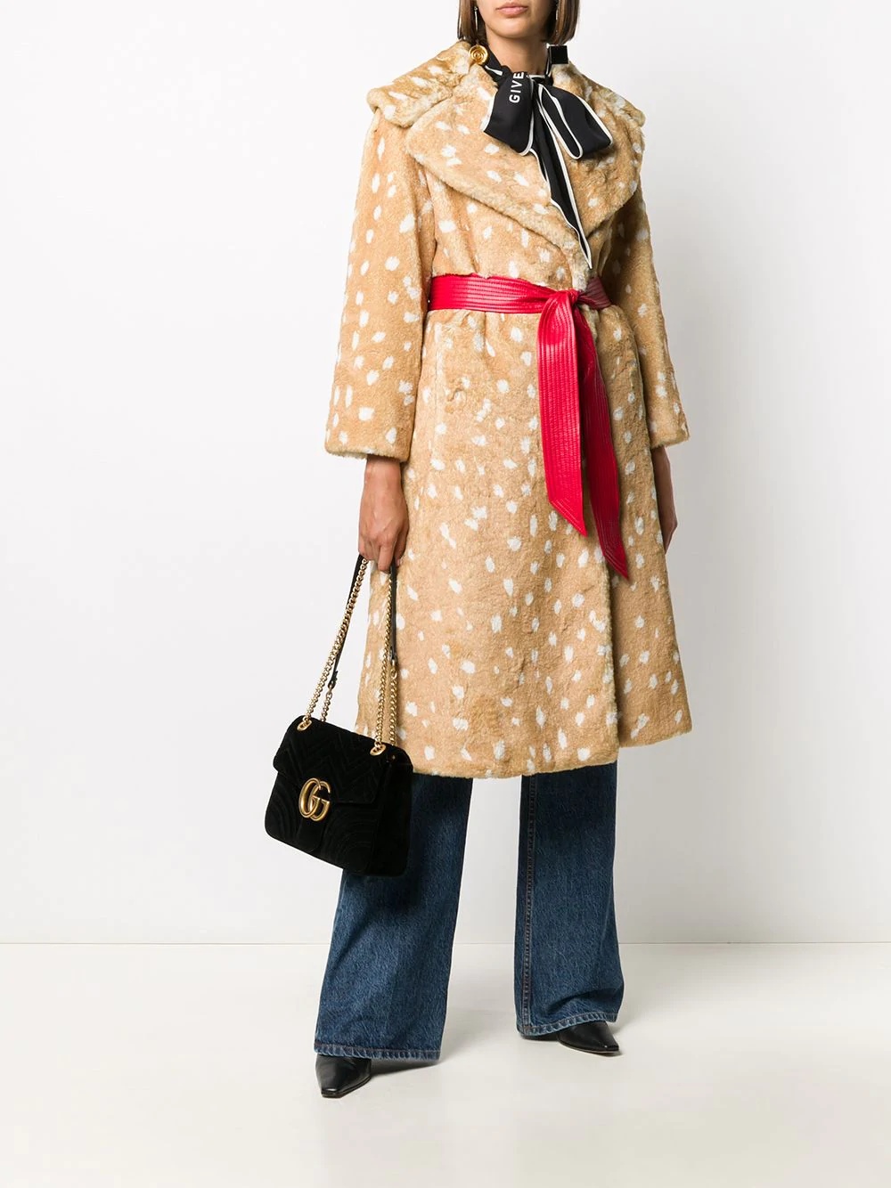 faux-fur belted pattern coat - 2